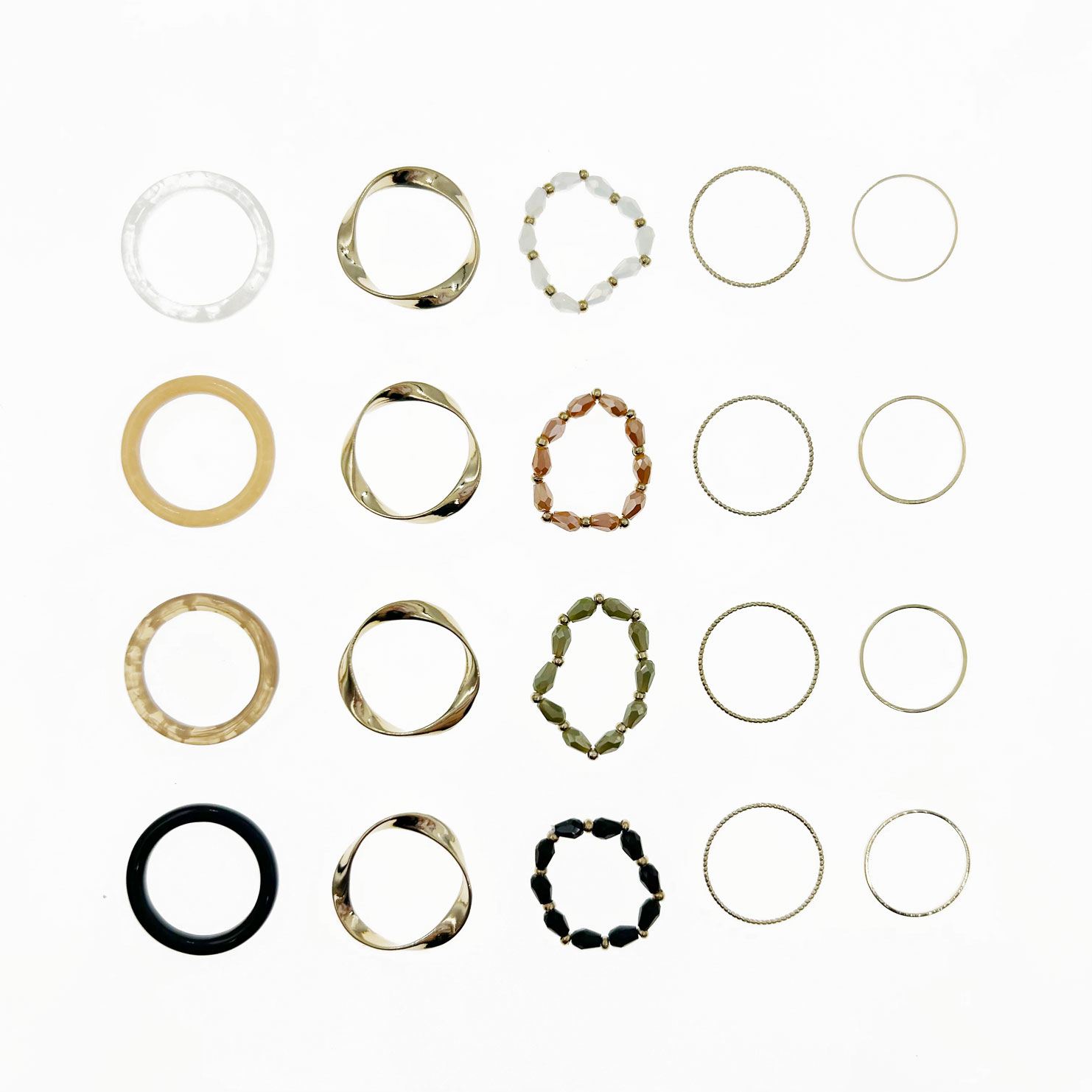 韓國 金屬 水晶 一組五入 四色 搭配 精緻 彈性繩 戒指