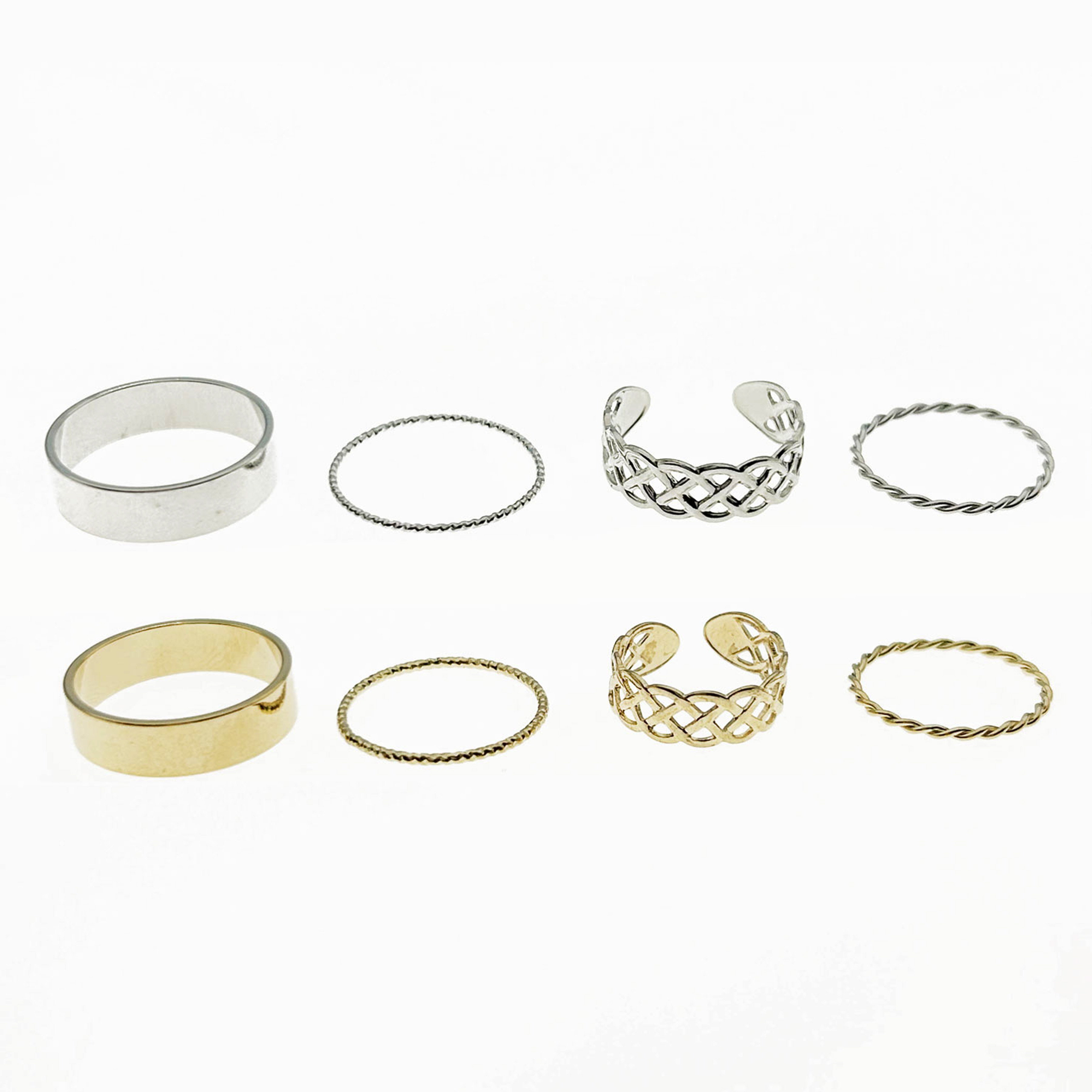 韓國 金屬 格紋 一組四入 雙色 精緻 可調式 造型 戒指