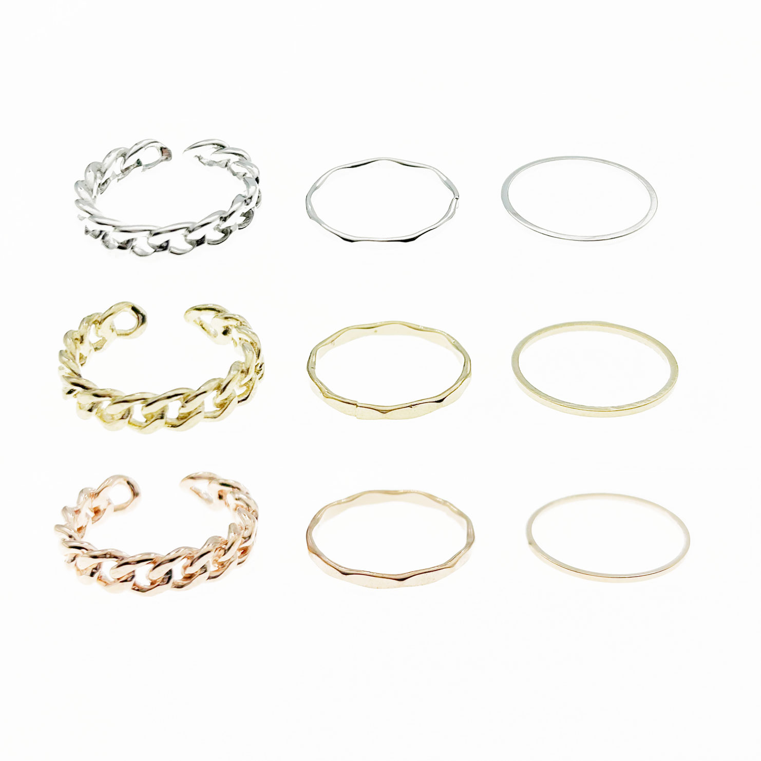 韓國 金屬 鍊條 一組三入 雙色 精緻 可調式 造型 戒指