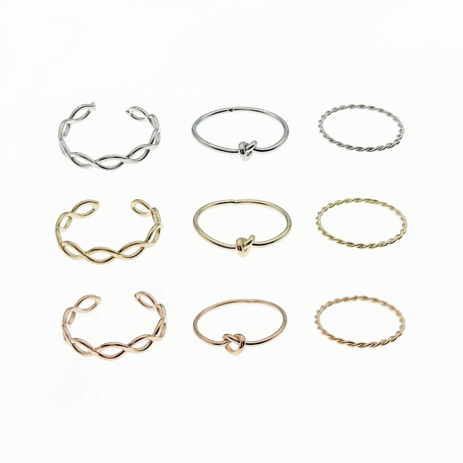 韓國 金屬 麻花捲 扭結 簍空 一組三入 三色 精緻 可調式 造型 戒指