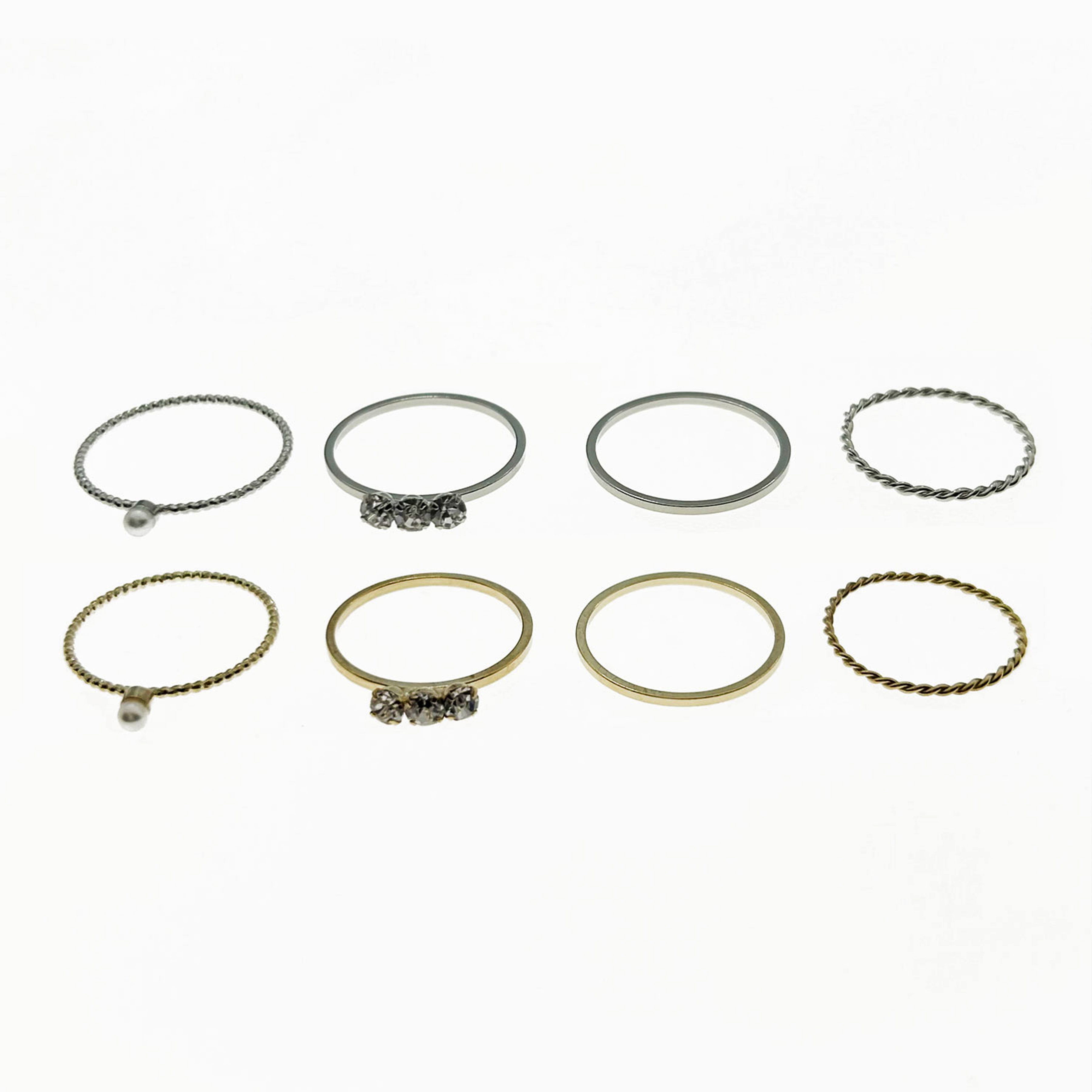 韓國 金屬 水鑽 珍珠 一組四入 雙色 精緻 造型 戒指