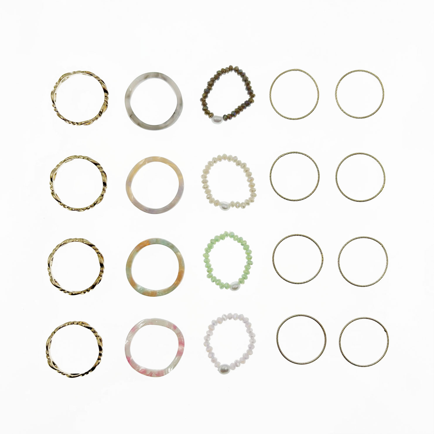 韓國 金屬 水晶 大理石 珍珠 一組五入 四色 精緻 彈性繩 戒指