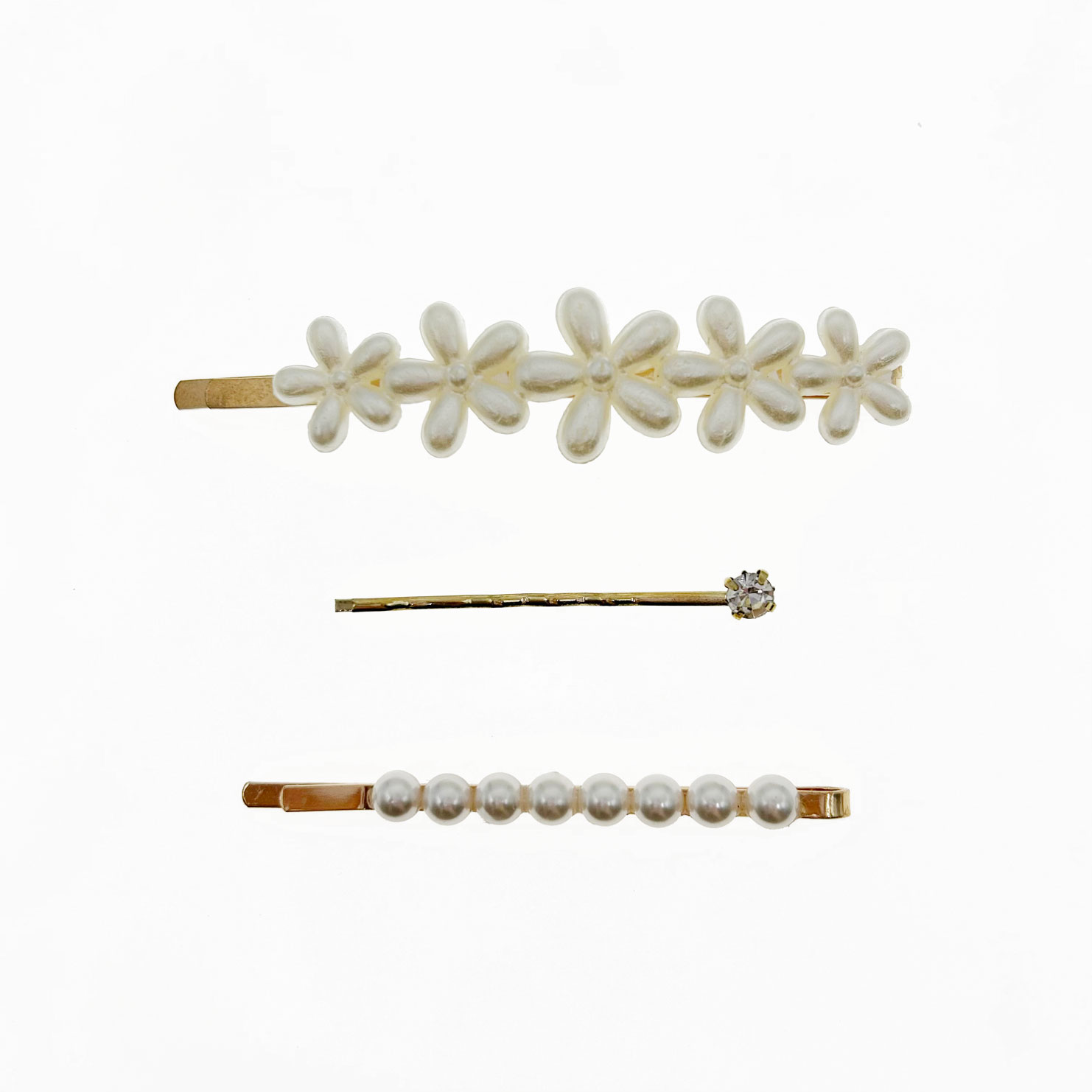 韓國 金屬 珍珠 水鑽 花朵 三入一組 造型 線夾 髮夾 髮飾