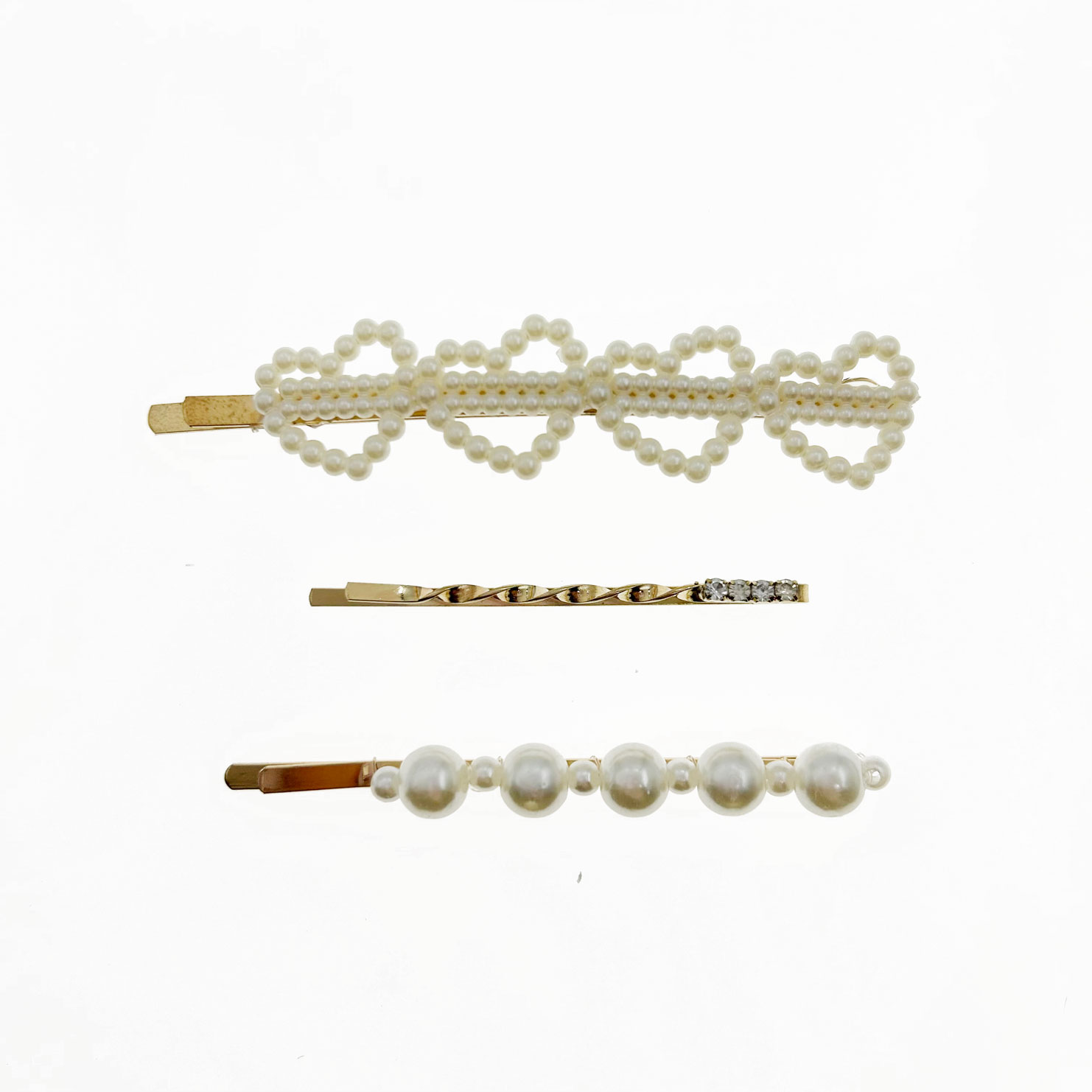 韓國 金屬 珍珠 水鑽 愛心 三入一組 造型 線夾 髮夾 髮飾