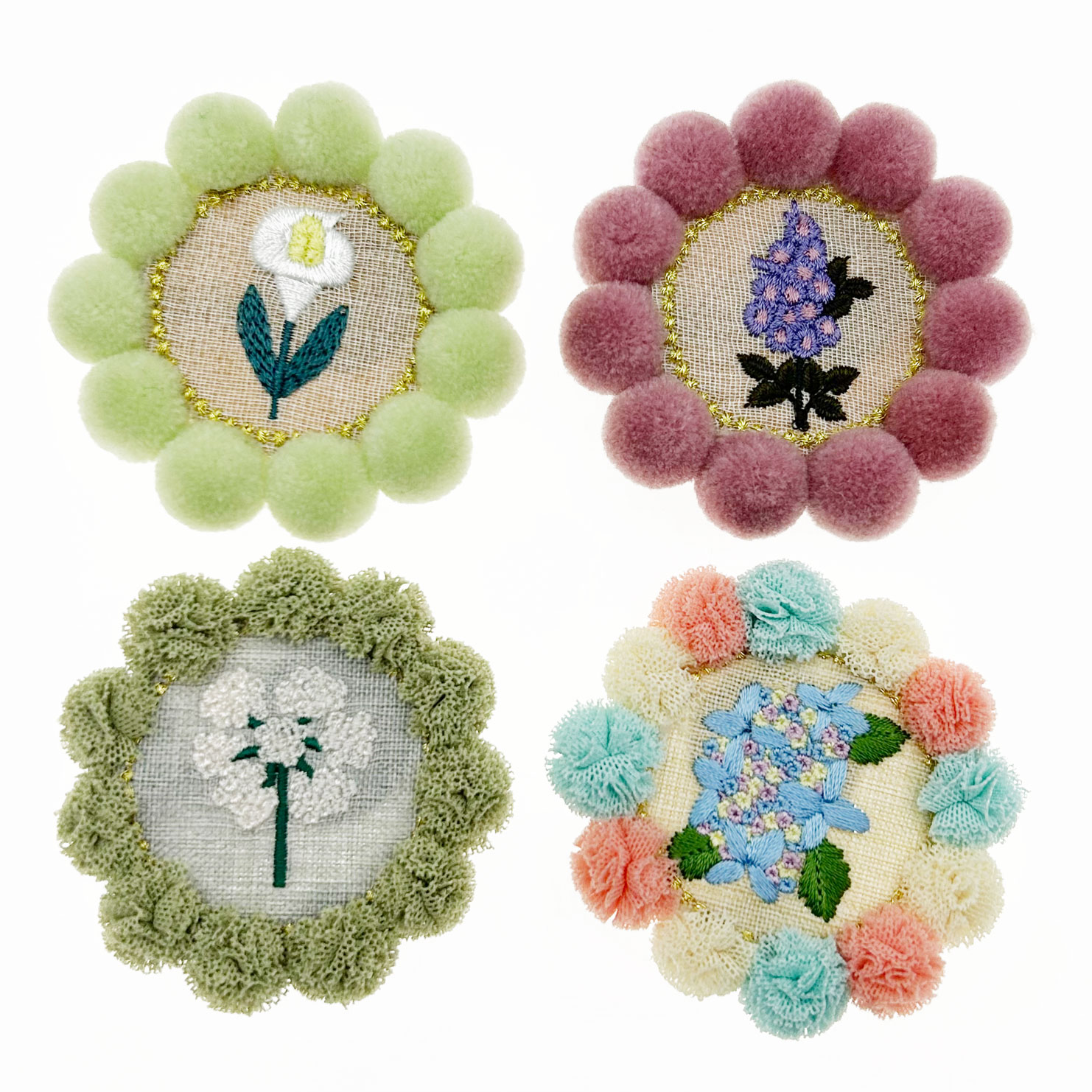 韓國 刺繡 毛球 植物 花卉 精緻 壓夾 別針