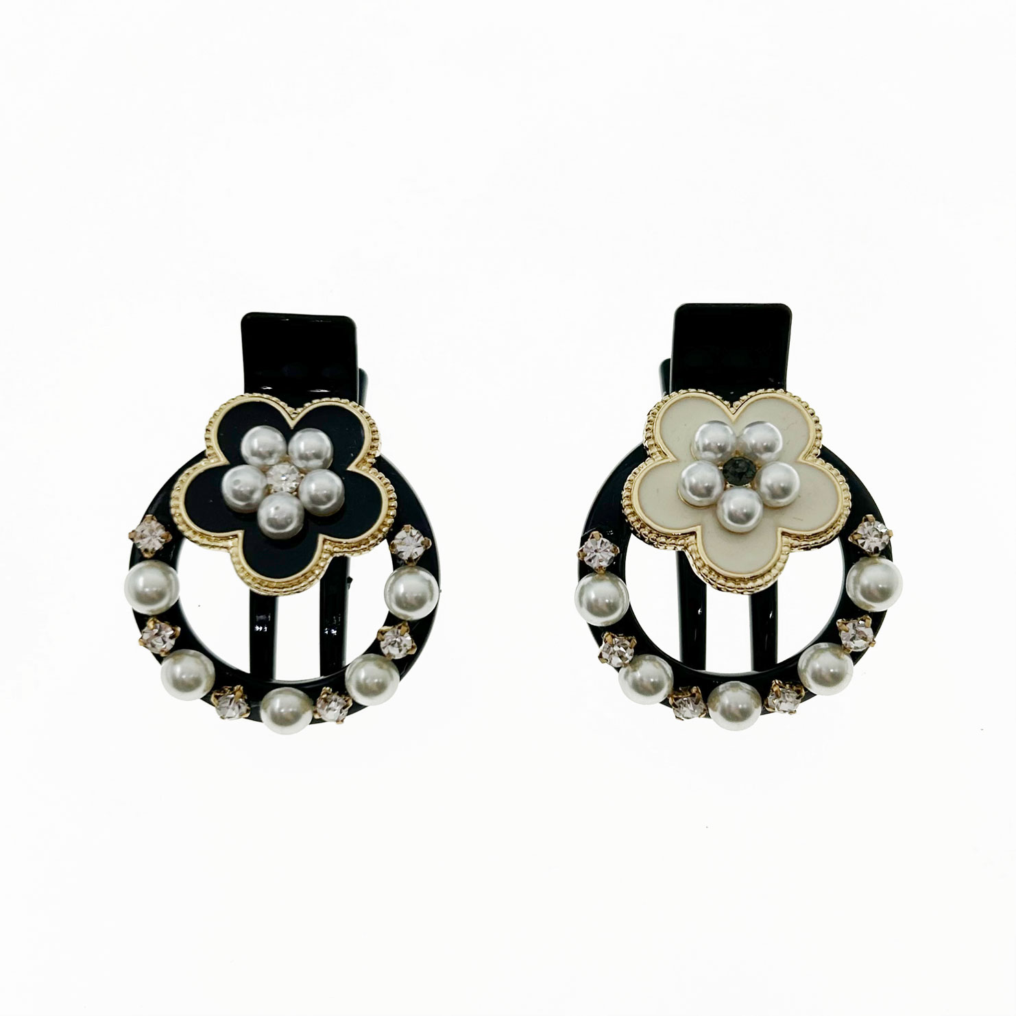 韓國 水鑽 珍珠 花朵 造型 雙色 壓夾 髮夾 髮飾