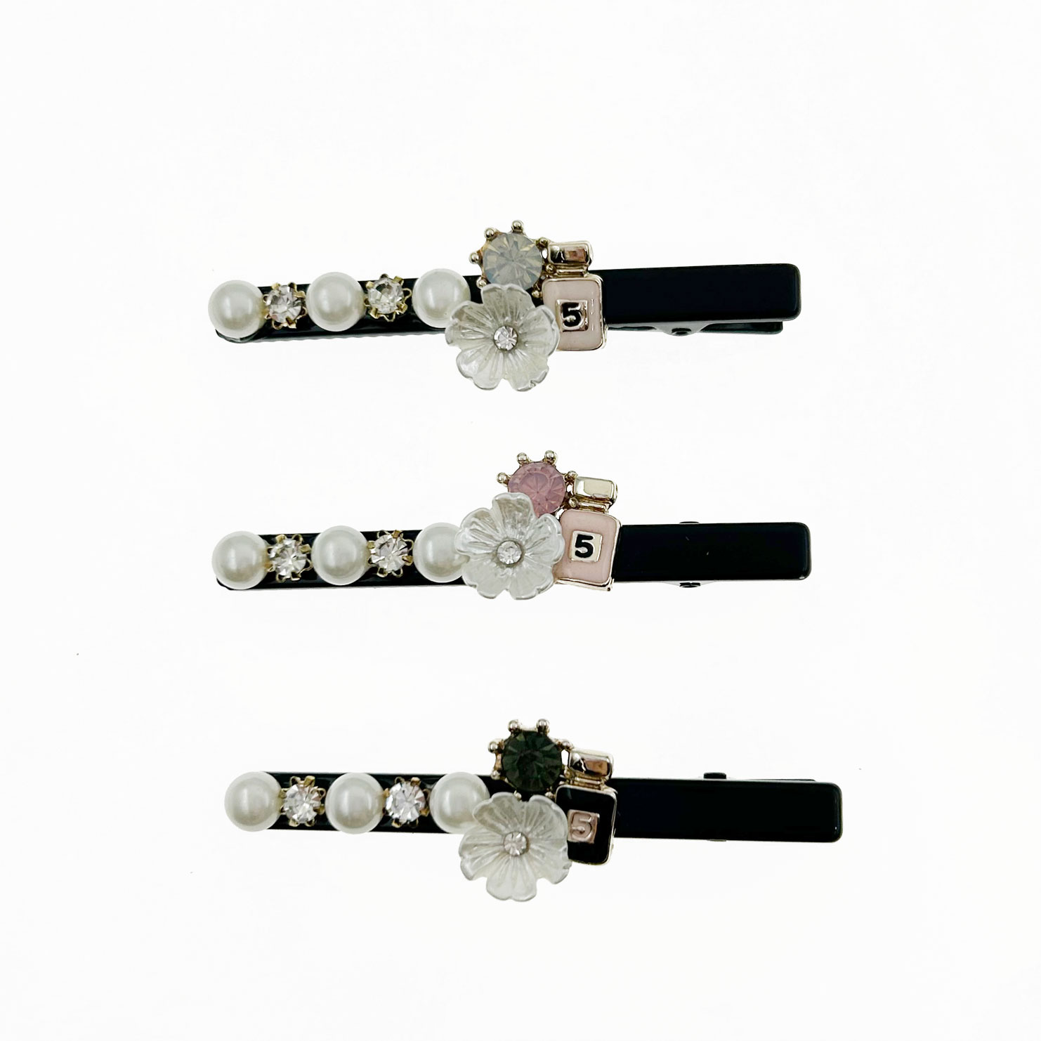 韓國 水鑽 珍珠 花朵 香水 造型 三色 壓夾 髮夾 髮飾