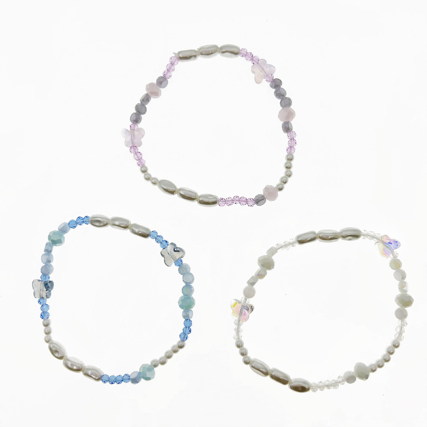 韓國 珍珠 水晶 蝴蝶 三色 串珠 手鍊 手飾