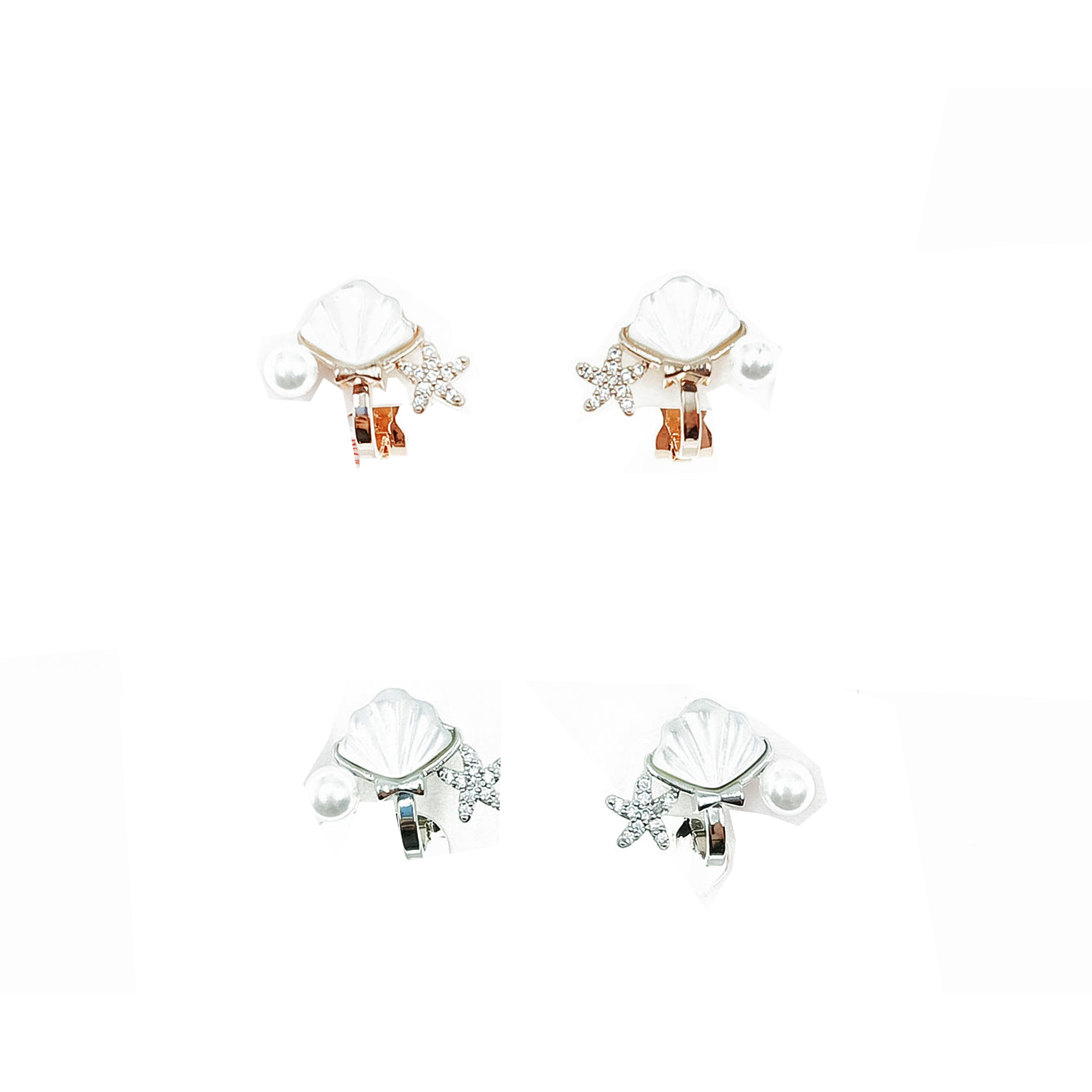 韓國 水鑽 貝殼 雙色 夾式耳環