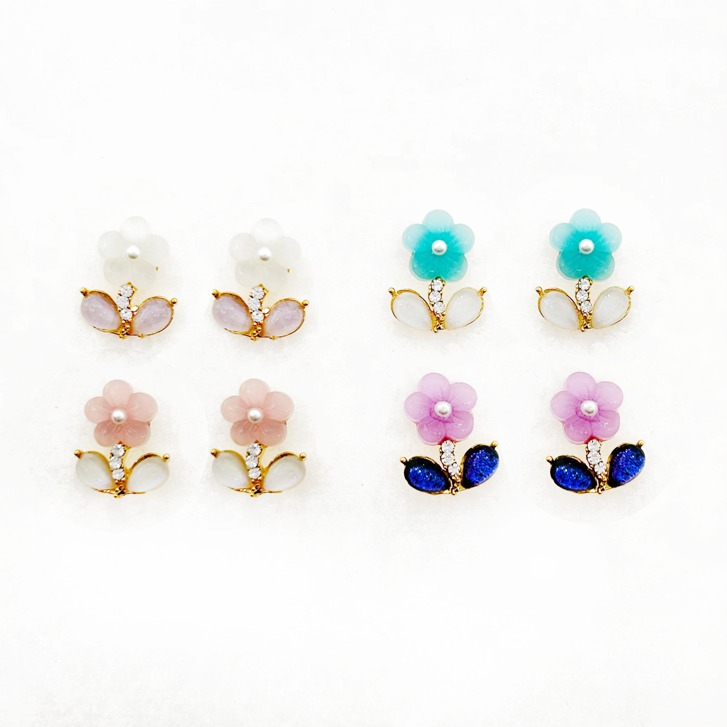 韓國 水鑽 珍珠 花朵 可愛 四色 耳針式耳環