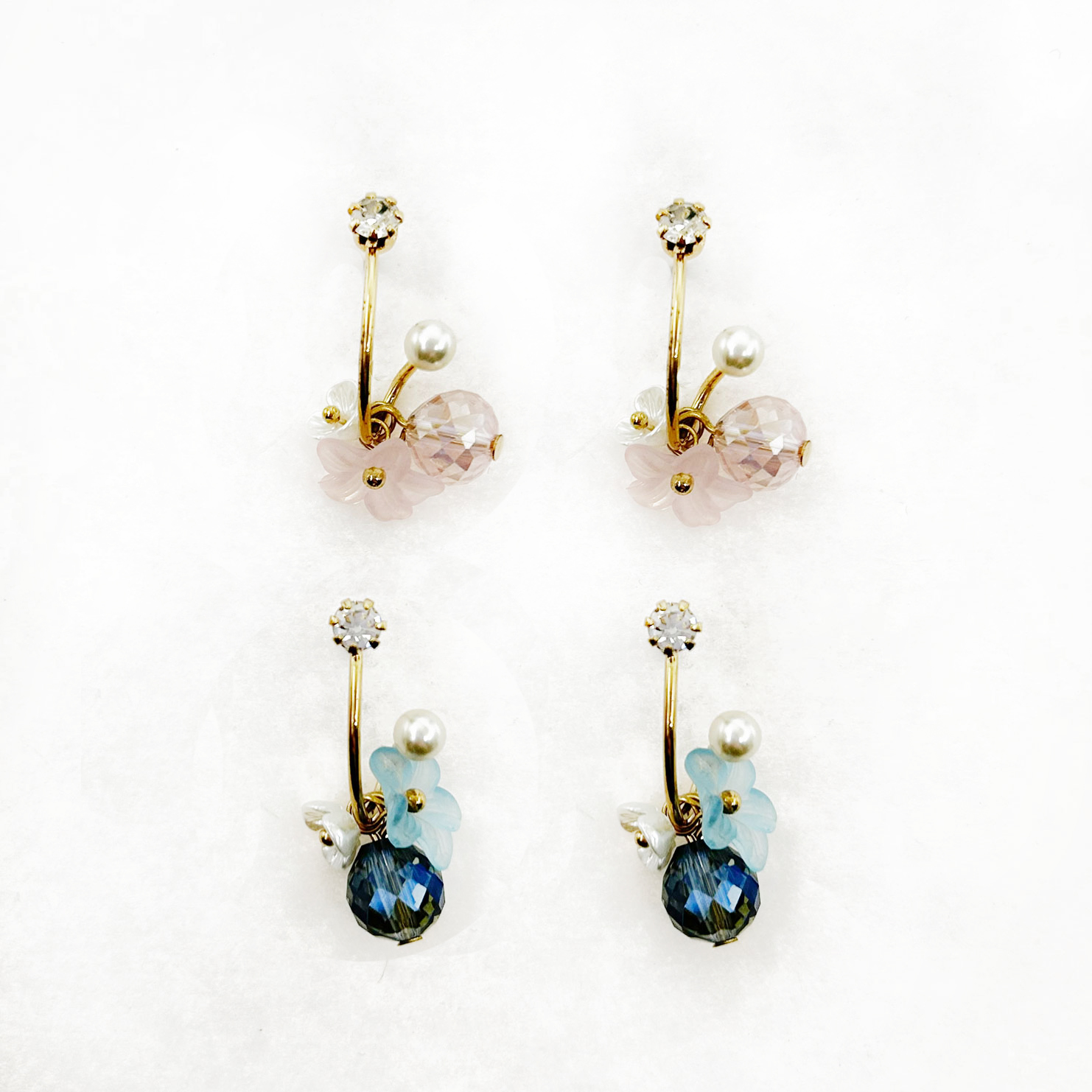 韓國 水鑽 珍珠 花朵 垂墜感 雙色 耳針式耳環