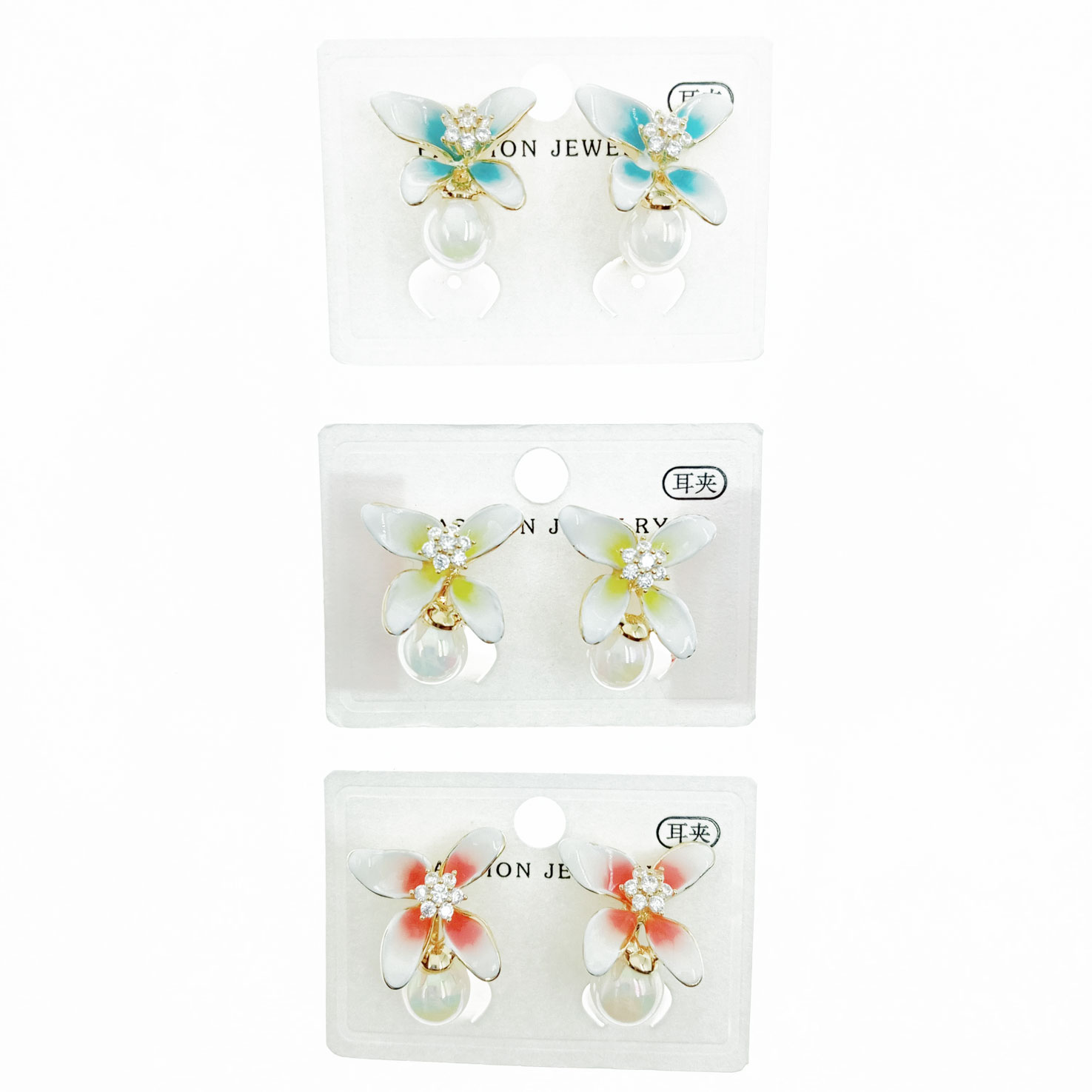 韓國 水鑽 珍珠 花朵 三色 夾式耳環