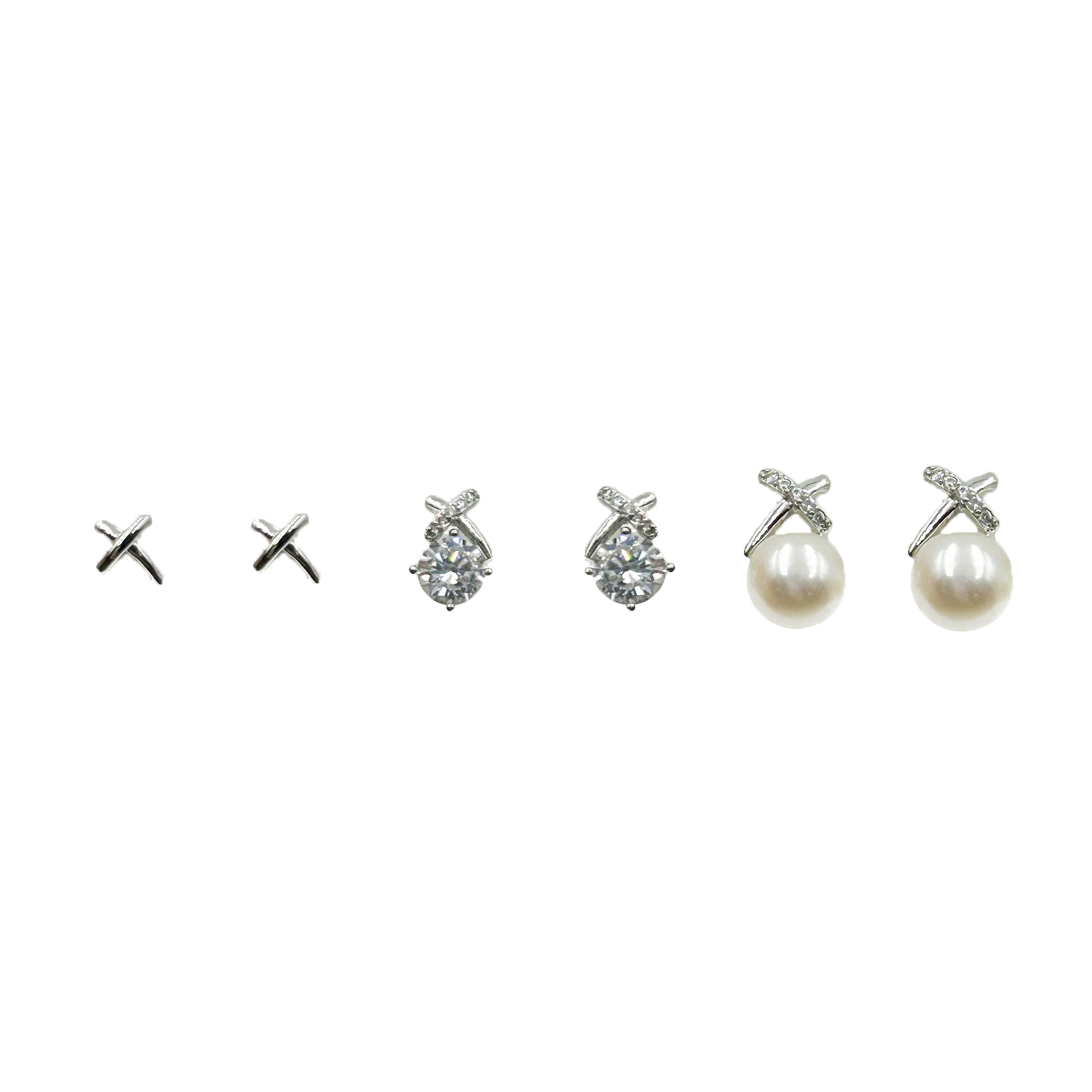 韓國 金屬 水鑽 珍珠 交叉 一卡六入 造型 耳針式耳環