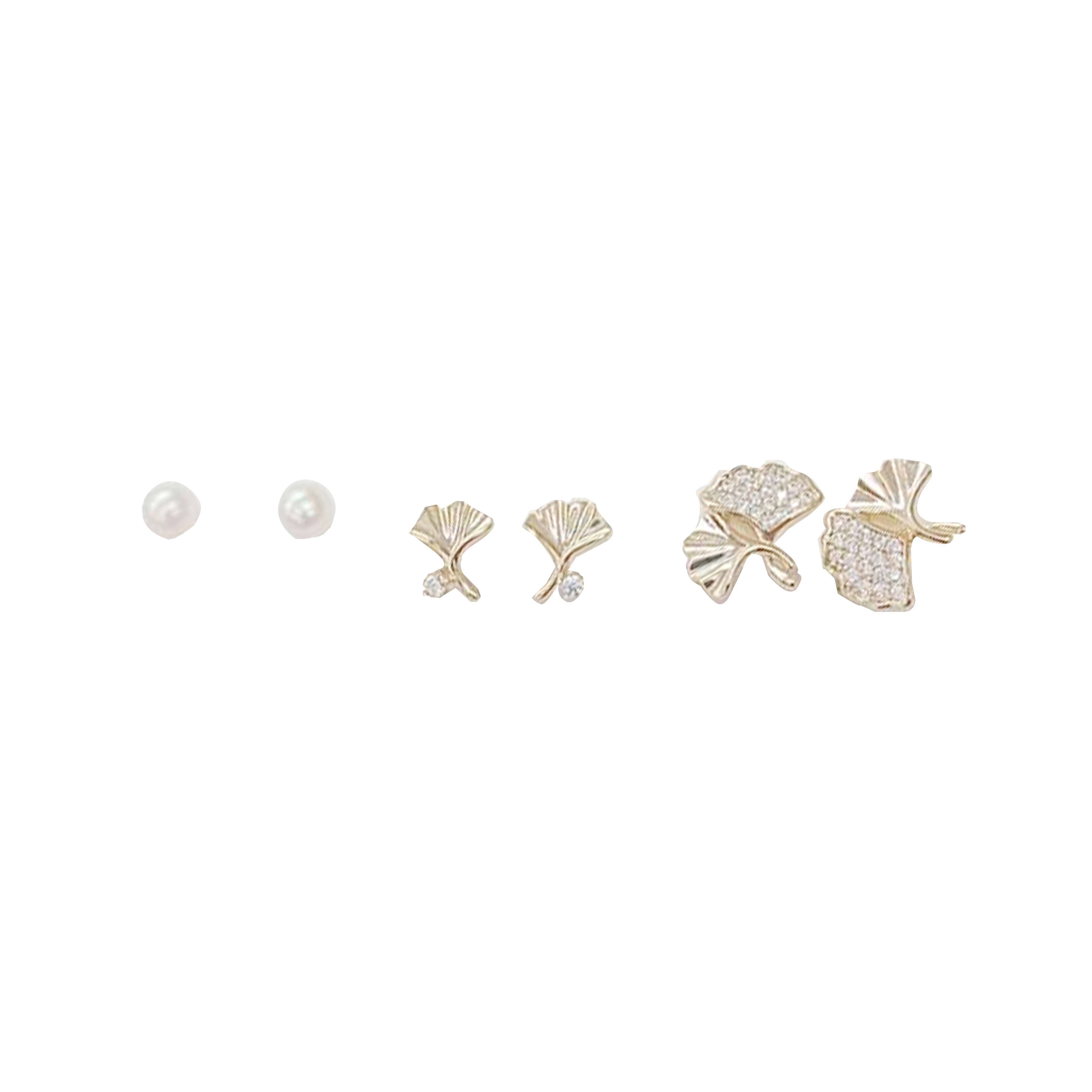 韓國 金屬 水鑽 珍珠 銀杏葉 一卡六入 造型 耳針式耳環