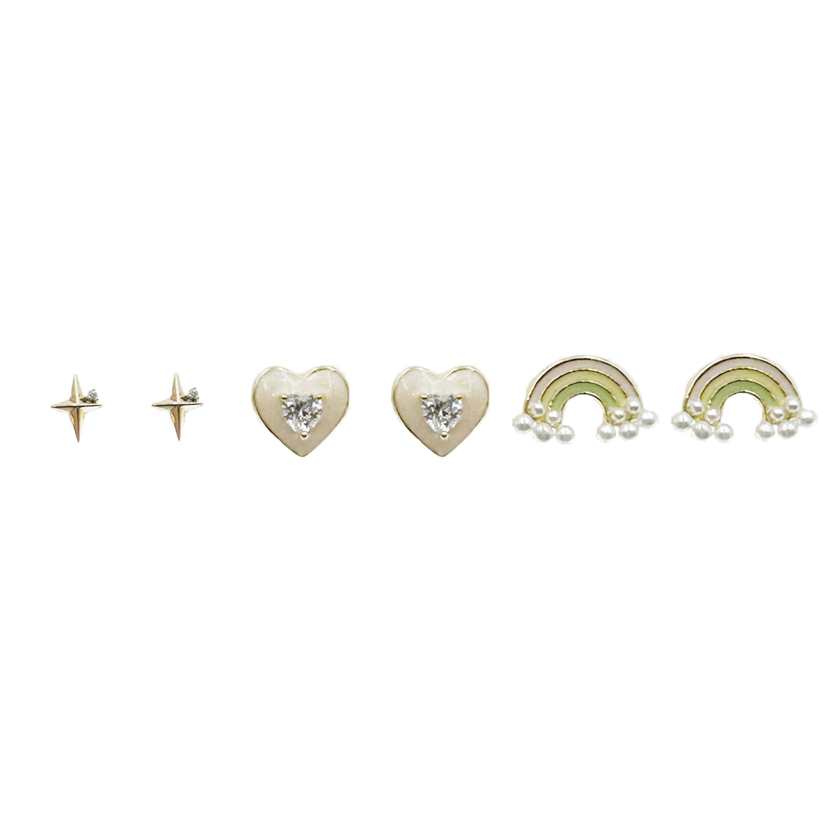 韓國 金屬 水鑽 珍珠 星芒 愛心 彩虹 一卡六入 造型 耳針式耳環