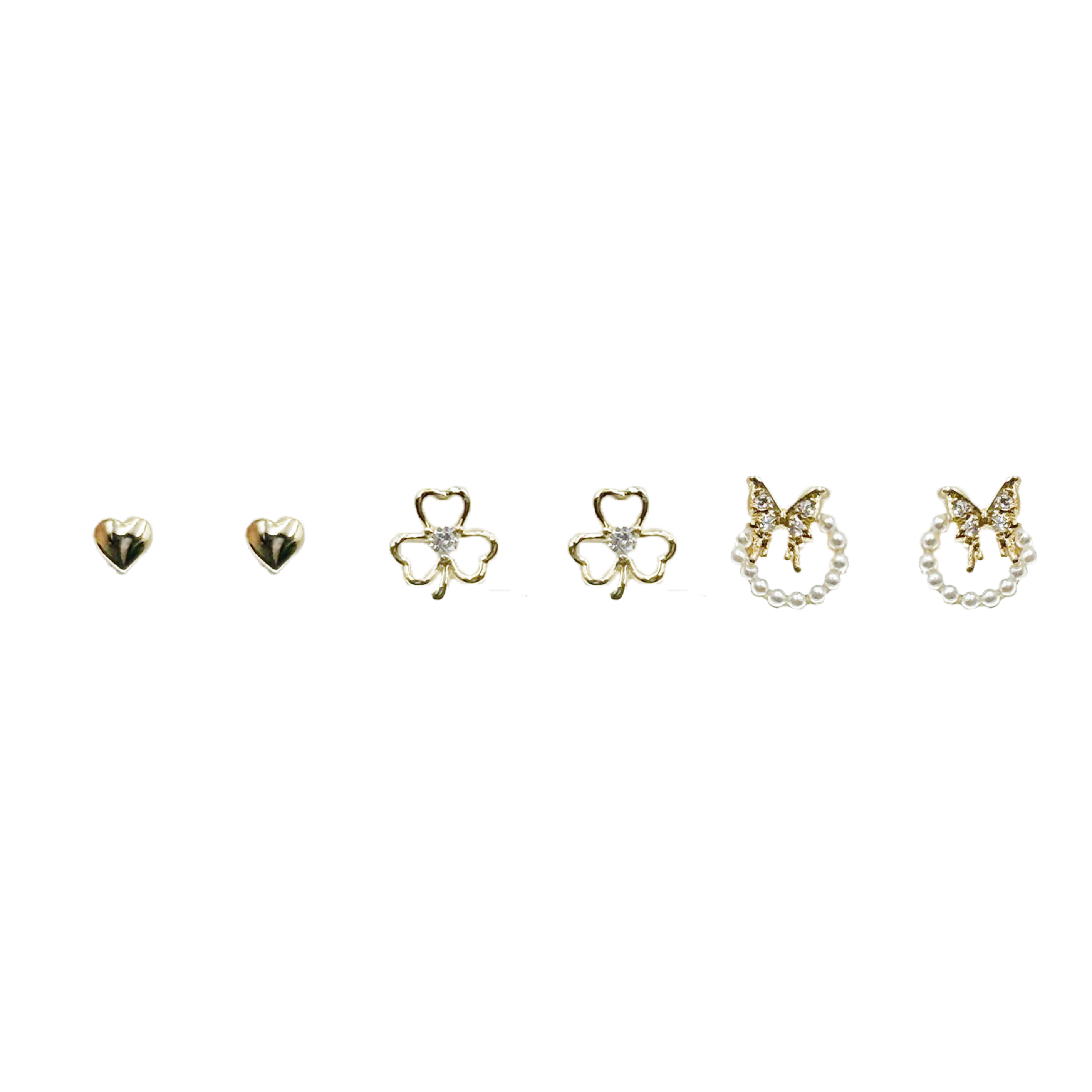 韓國 金屬 水鑽 珍珠 幸運草 蝴蝶 一卡六入 造型 耳針式耳環