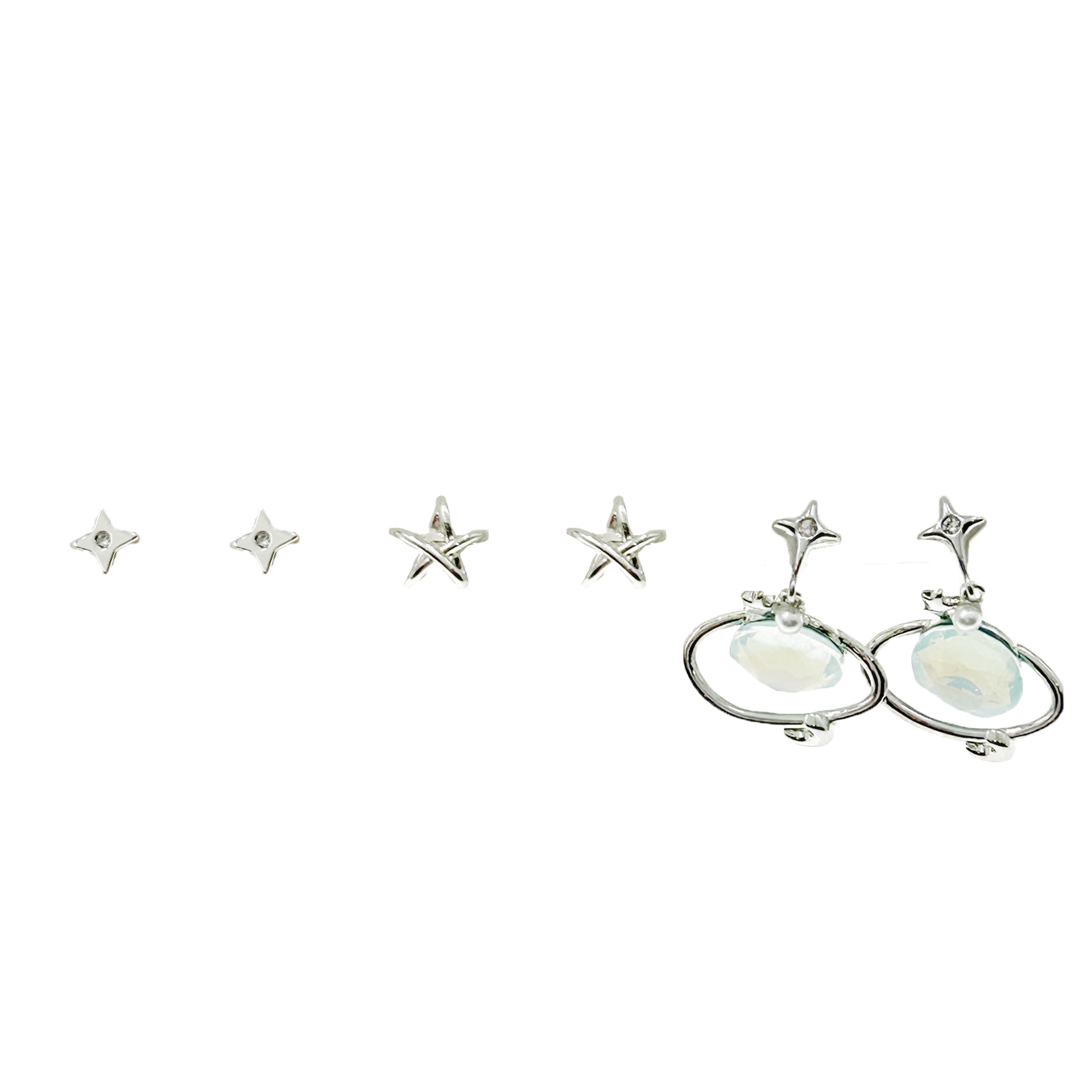 韓國 金屬 水鑽 星星 星球 垂墜感 一卡六入 造型 耳針式耳環