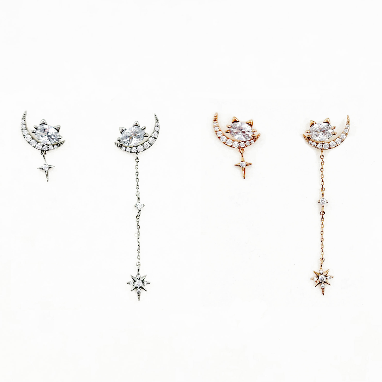 韓國 925純銀 水鑽 貓咪 星芒 雙色 垂墜感 耳針式耳環