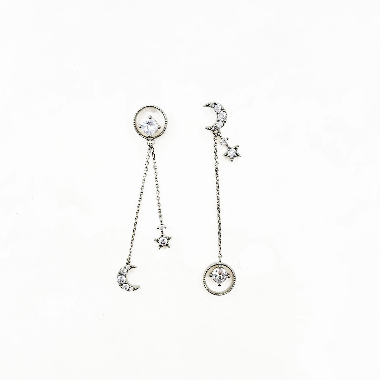韓國 925純銀 水鑽 月亮 華麗 垂墜感 耳針式耳環