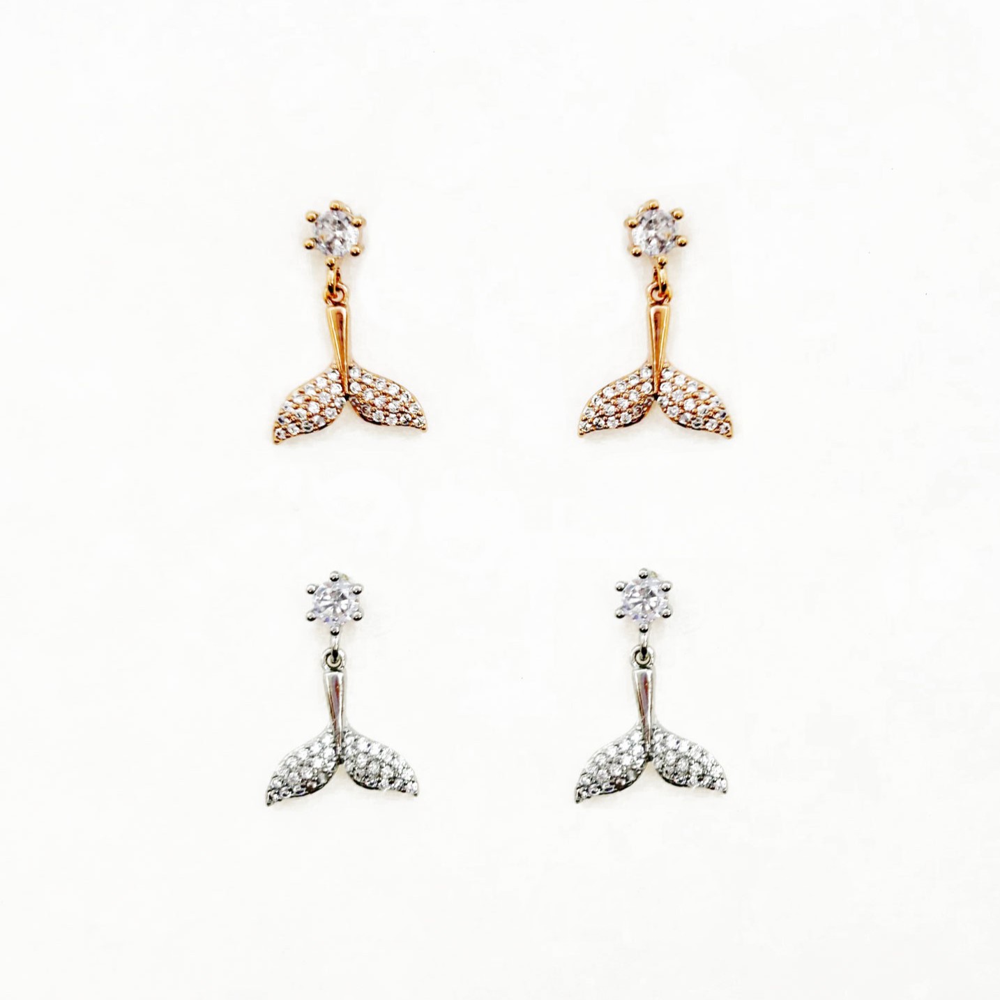 韓國 925純銀 水鑽 人魚 魚尾 雙色 垂墜感 耳針式耳環
