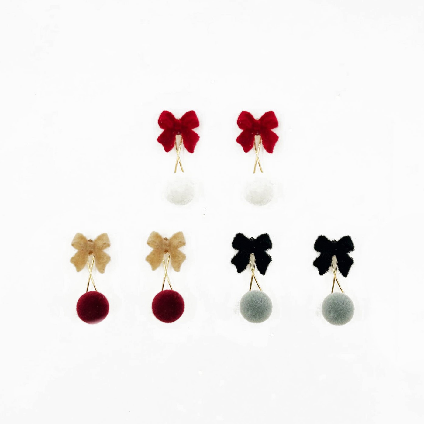 韓國 金屬 絨毛 蝴蝶結 毛球 造型 三色 耳針式耳環