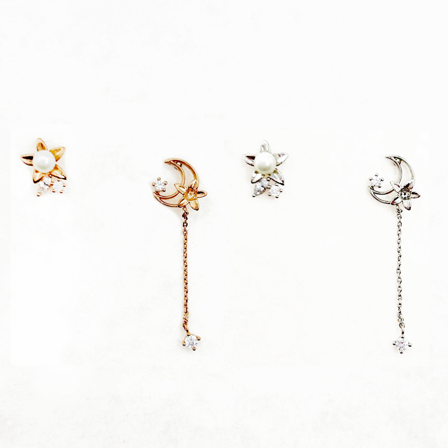 韓國 925純銀 水鑽 珍珠 星星 月亮 造型 雙色 垂墜感 耳針式耳環