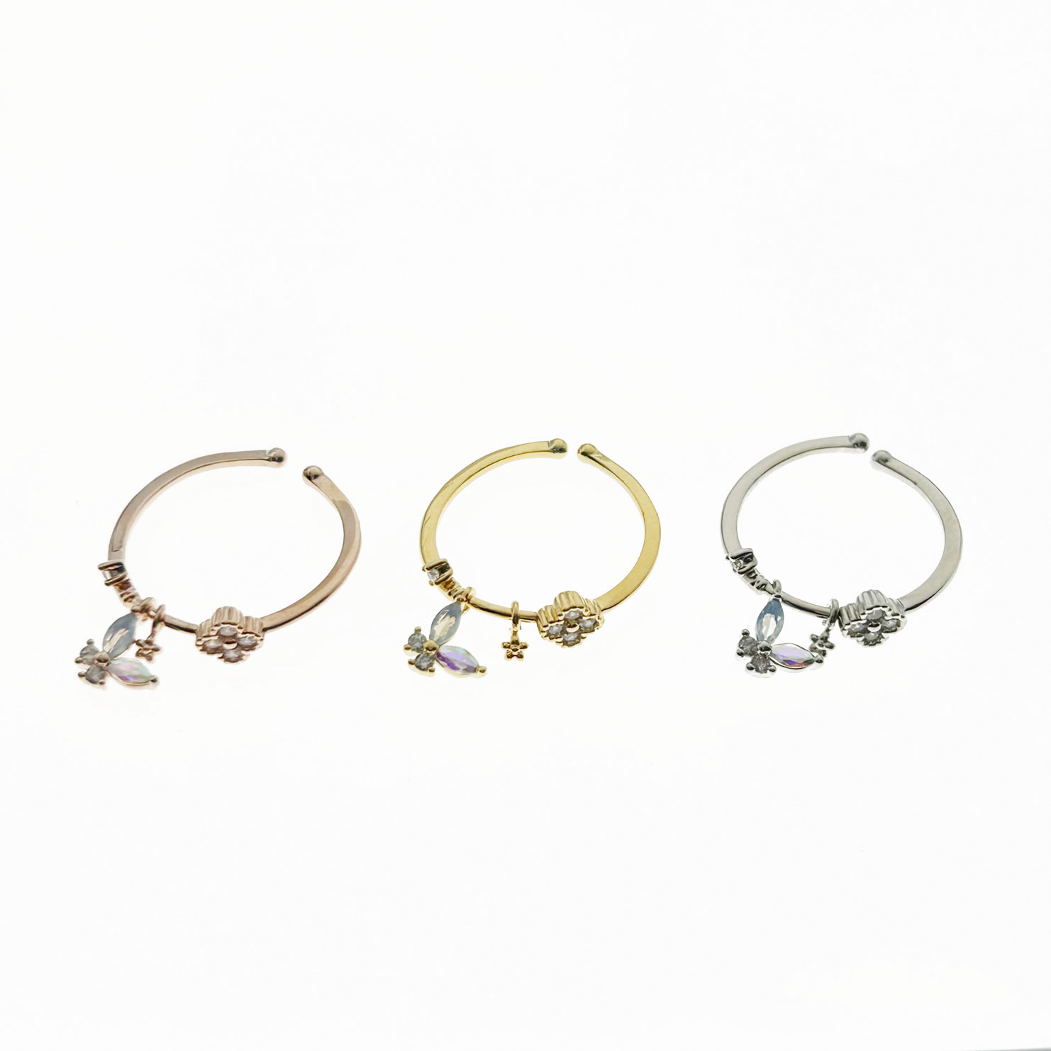 韓國 金屬 水鑽 花朵 蝴蝶 三色 造型 可調式 戒指