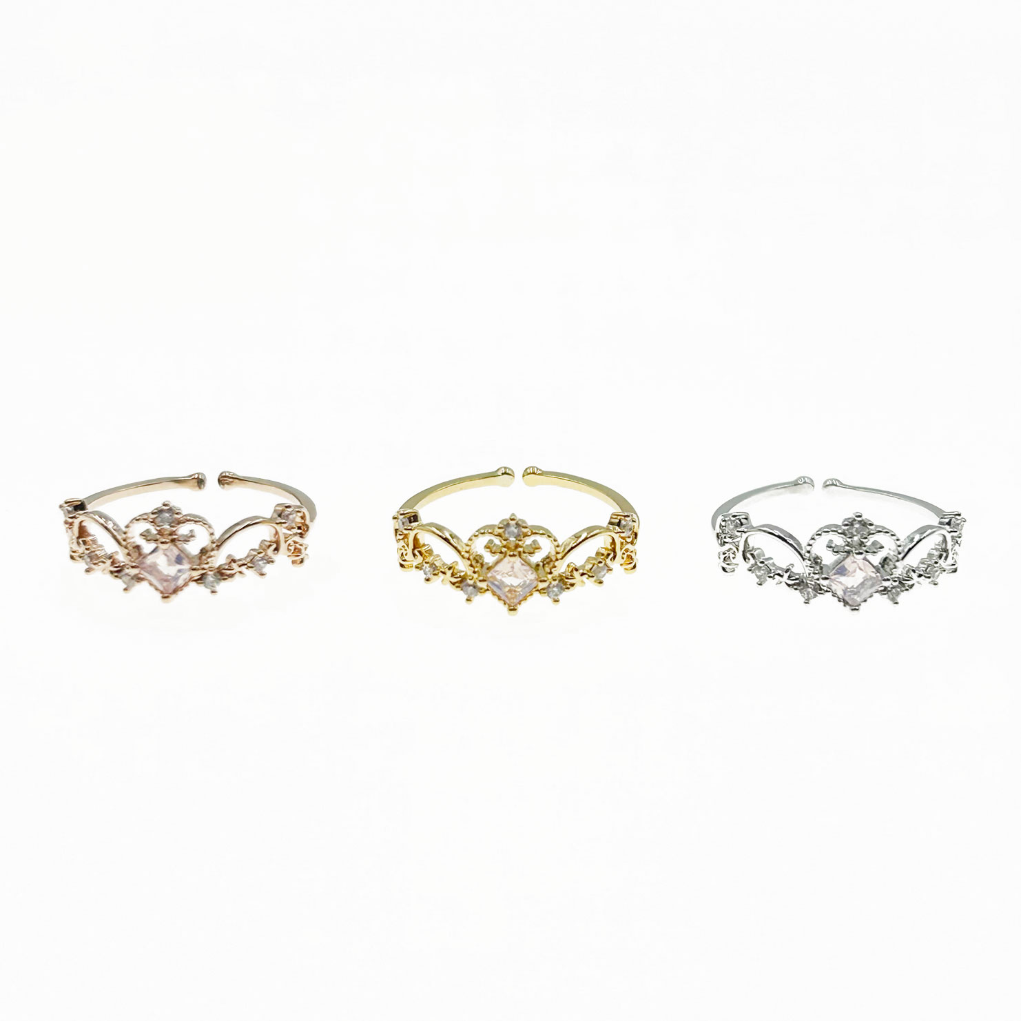 韓國 金屬 水鑽 皇冠 簍空 三色 造型 可調式 戒指
