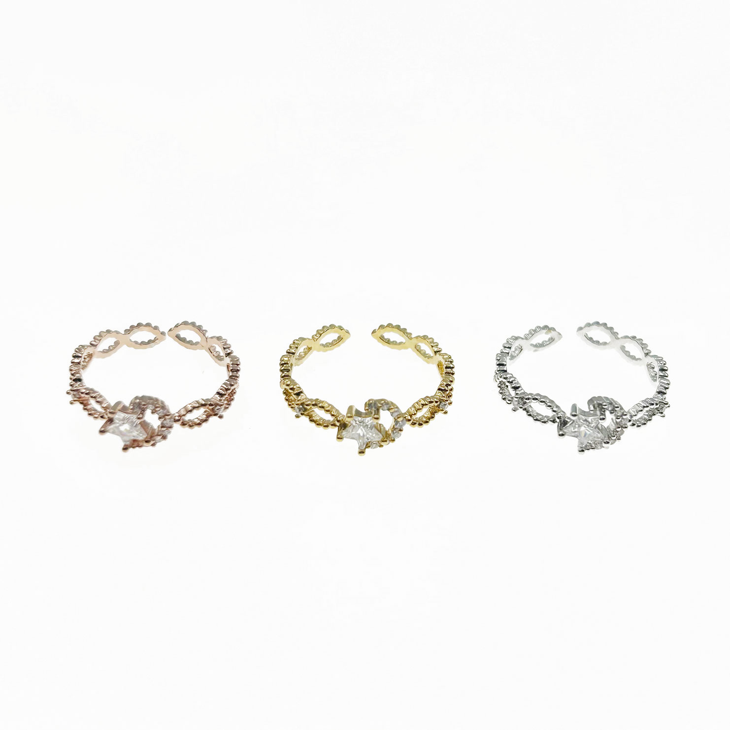 韓國 金屬 水鑽 月亮 星星 簍空 三色 造型 可調式 戒指