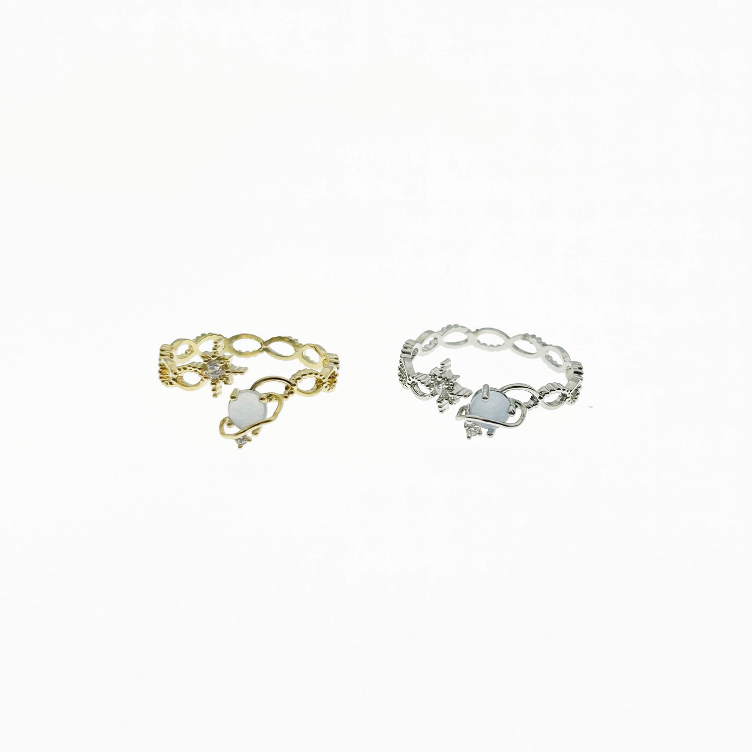 韓國 金屬 水鑽 星芒 星球 雙色 造型 可調式 戒指