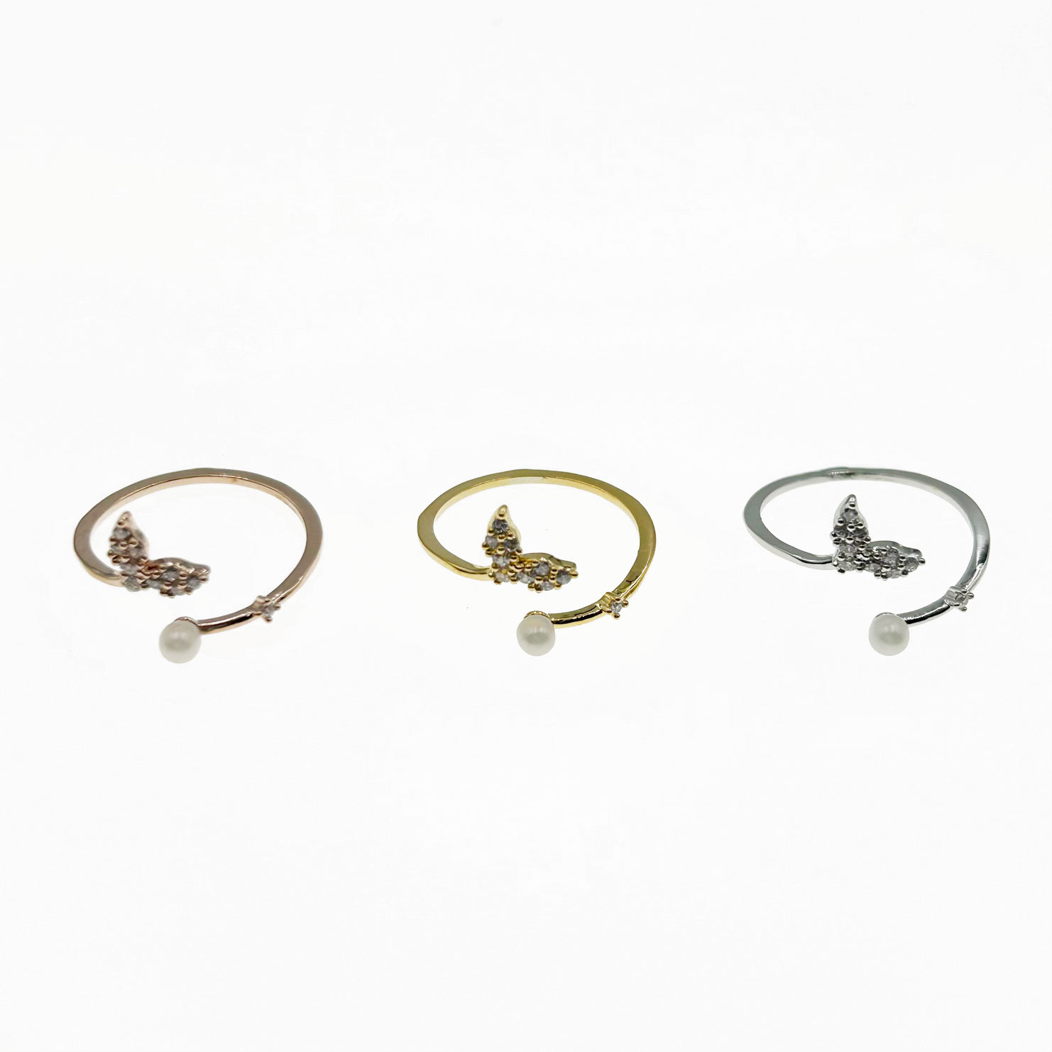 韓國 金屬 水鑽 珍珠 魚尾 三色 造型 可調式 戒指