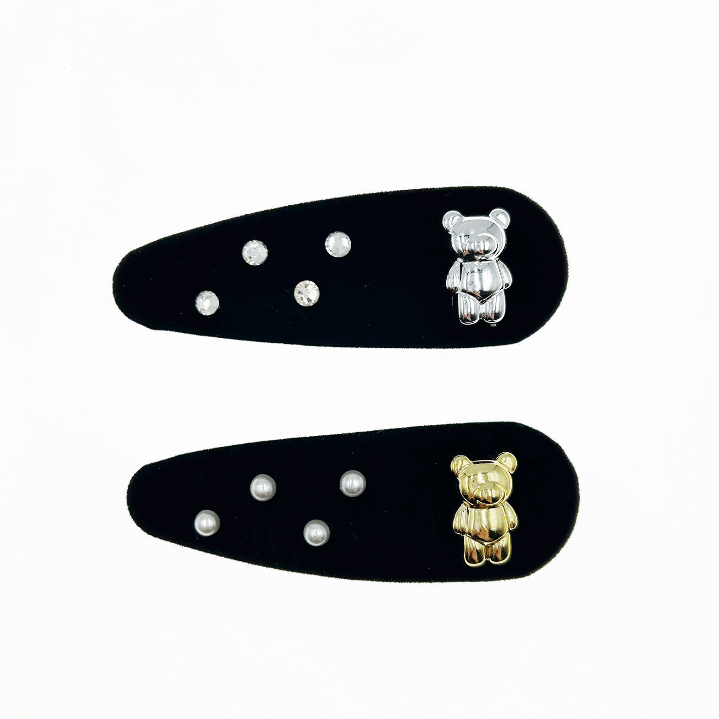 韓國 布質 水鑽 珍珠 小熊 兩色 撇撇夾 髮夾 髮飾