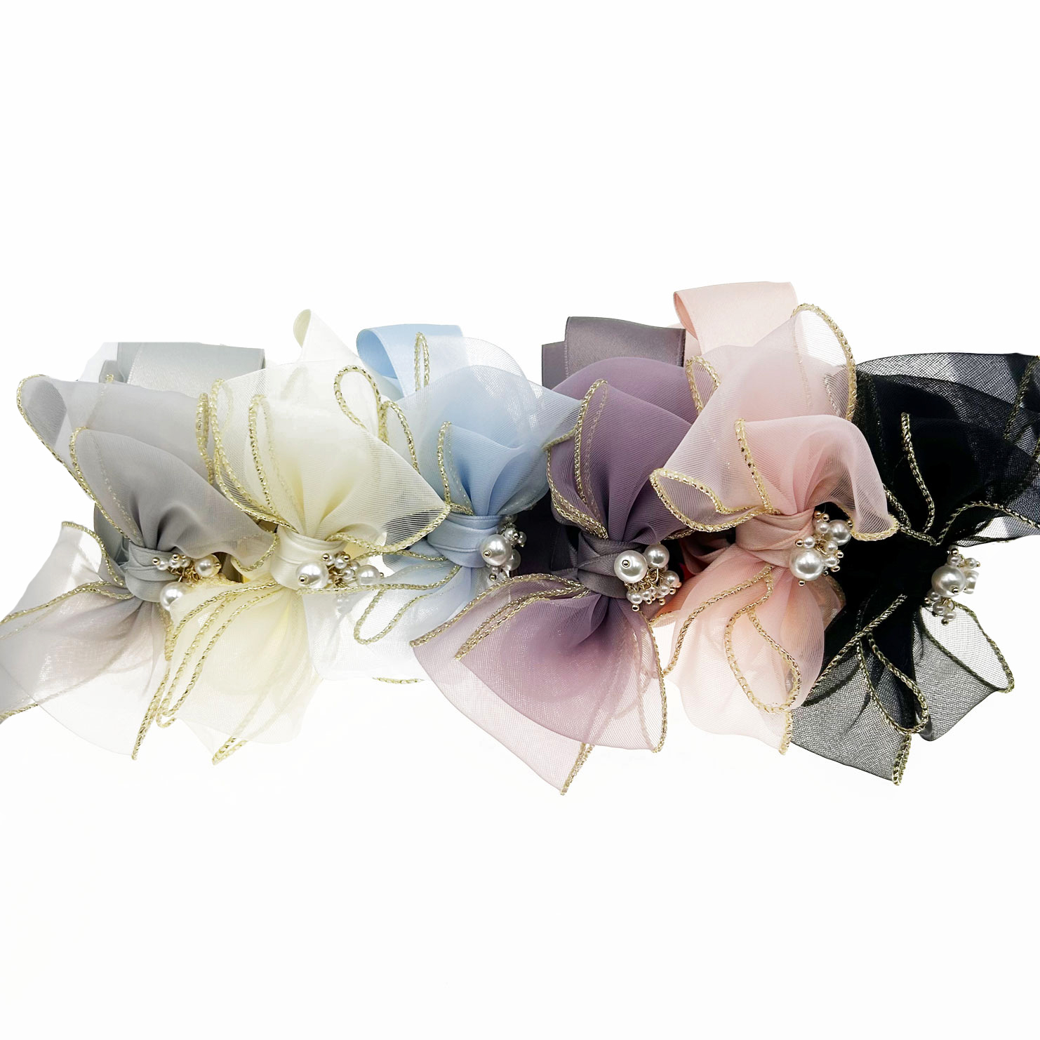 韓國 布質 珍珠 金邊 蝴蝶結 氣質 六色 相交夾 髮飾