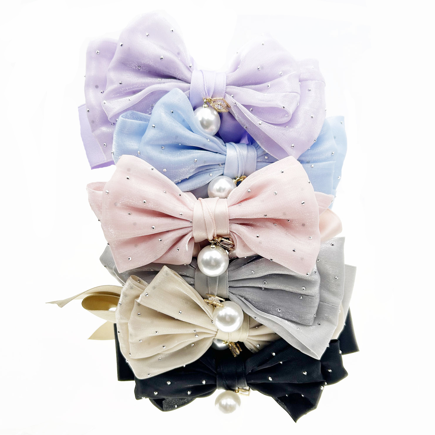 韓國 布質 水鑽 鉚釘 蝴蝶結 氣質 六色 相交夾 髮飾