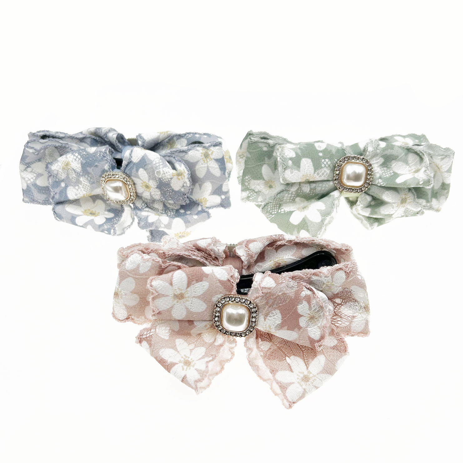 韓國 布質 水鑽 蝴蝶結 花朵 氣質 三色 相交夾 髮飾