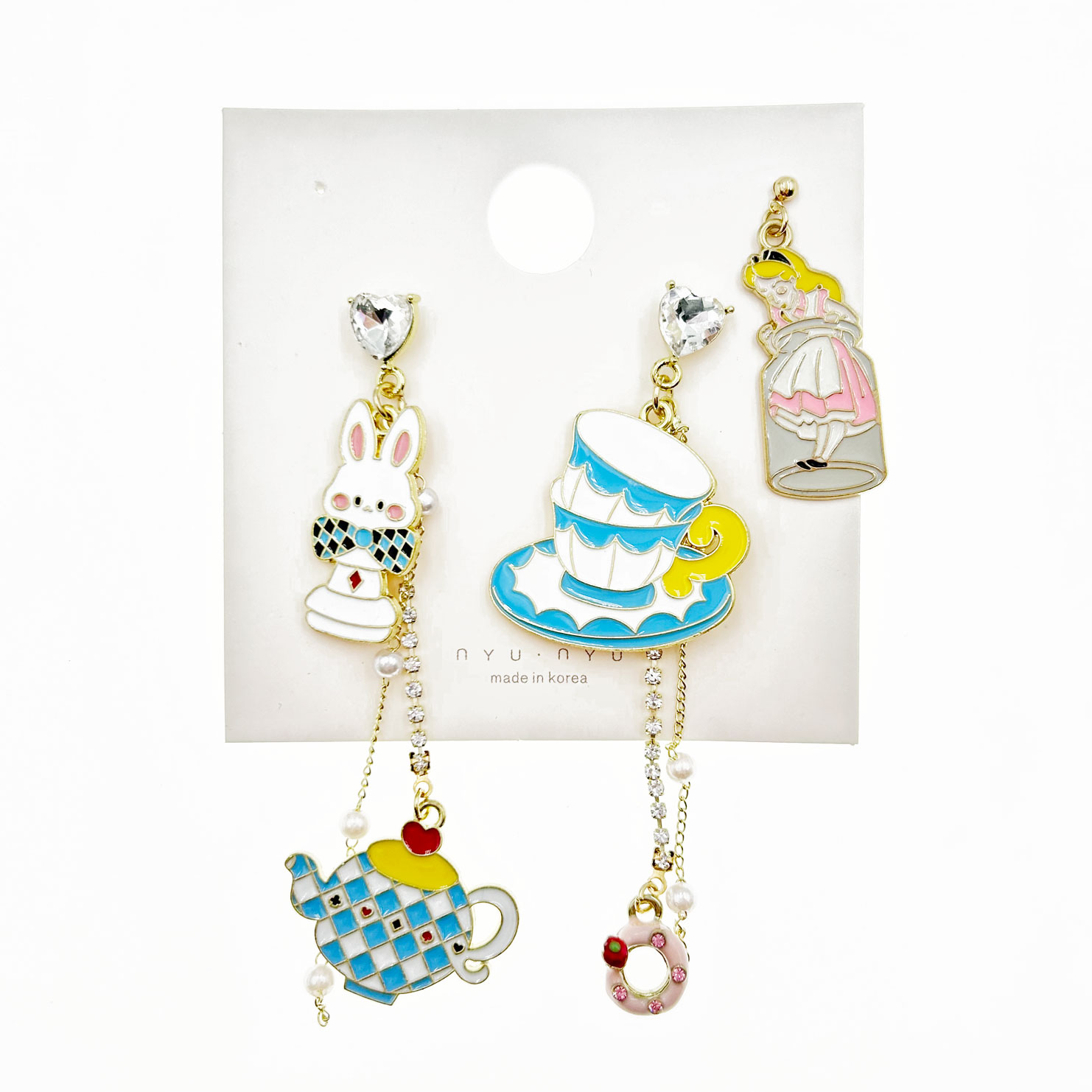 韓國 水鑽 珍珠 愛麗絲夢遊仙境 兔子 茶杯 垂墜感 造型 耳針式耳環