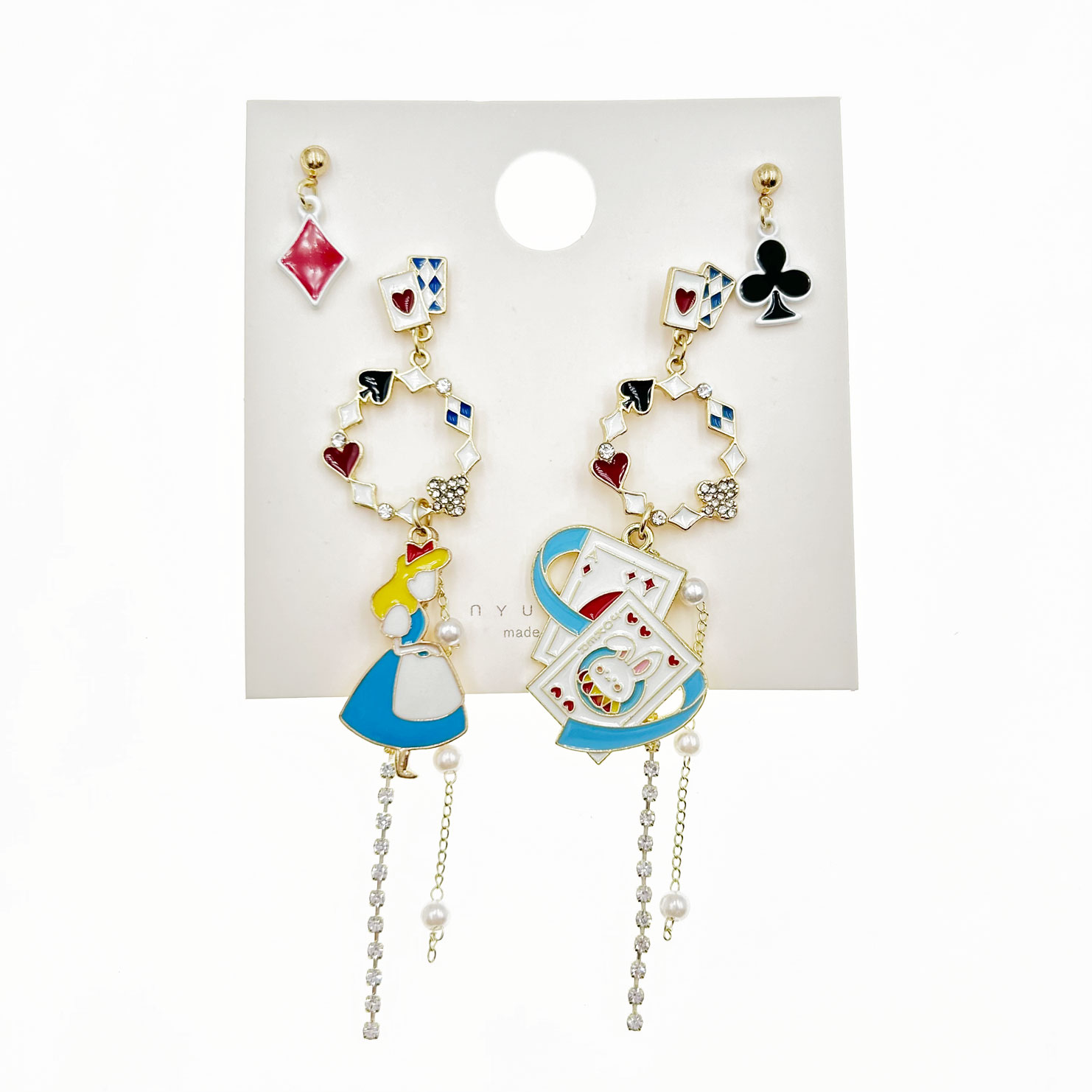 韓國 水鑽 珍珠 愛麗絲夢遊仙境 撲克牌 垂墜感 造型 耳針式耳環