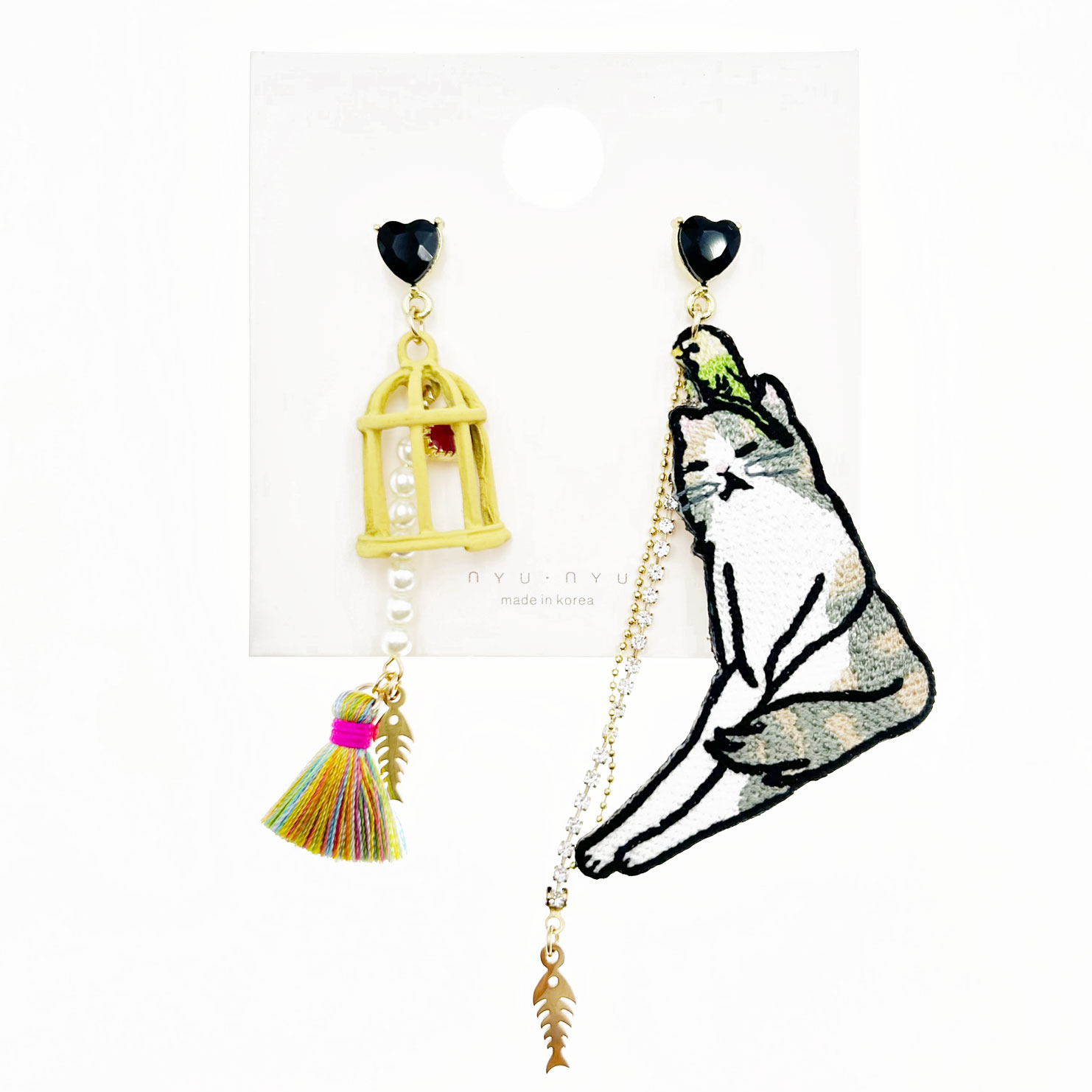 韓國 愛心 水鑽 珍珠 流蘇 貓咪 刺繡 垂墜感 造型 耳針式耳環