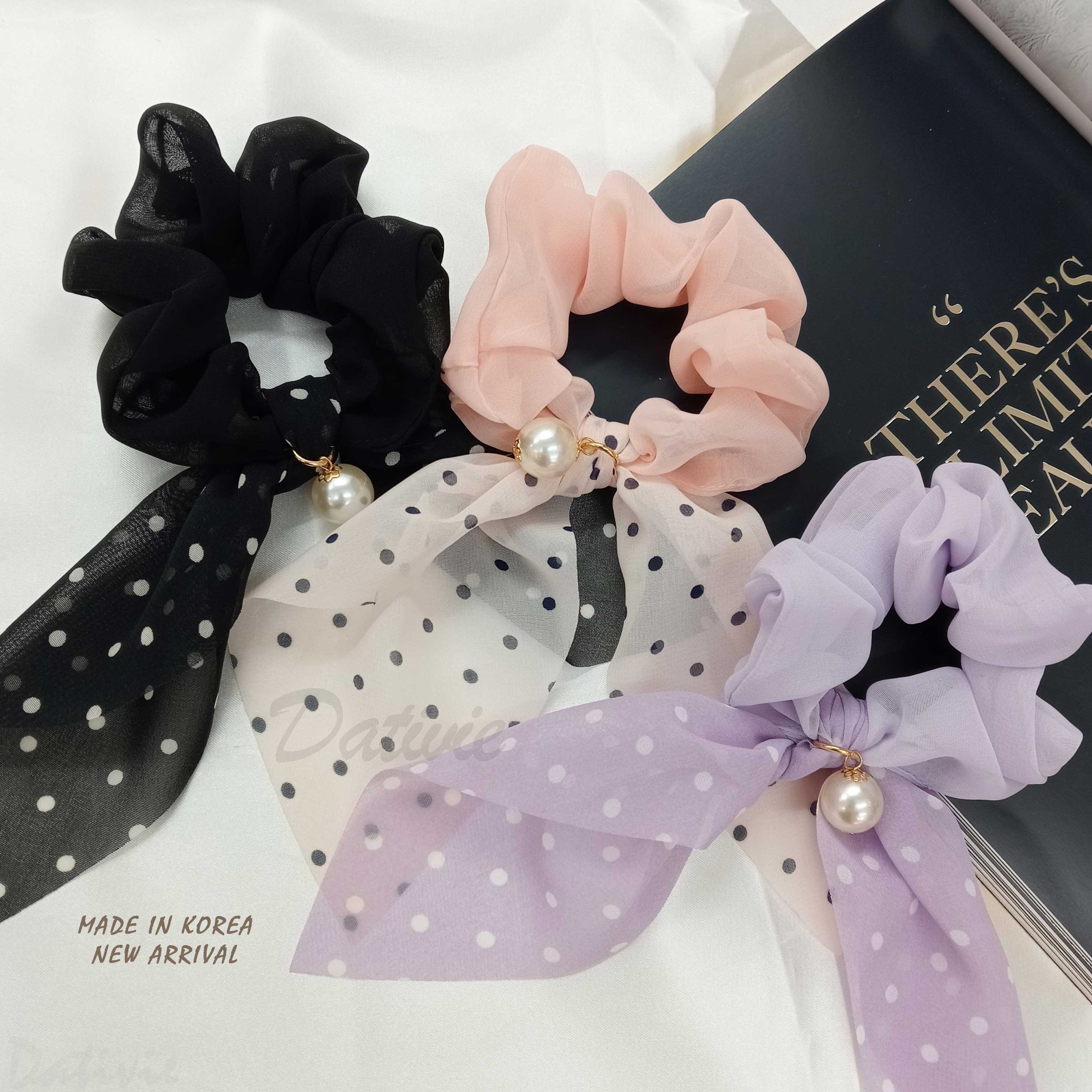 韓國 三色 點點 珍珠 蝴蝶結 造型 設計 髮圈