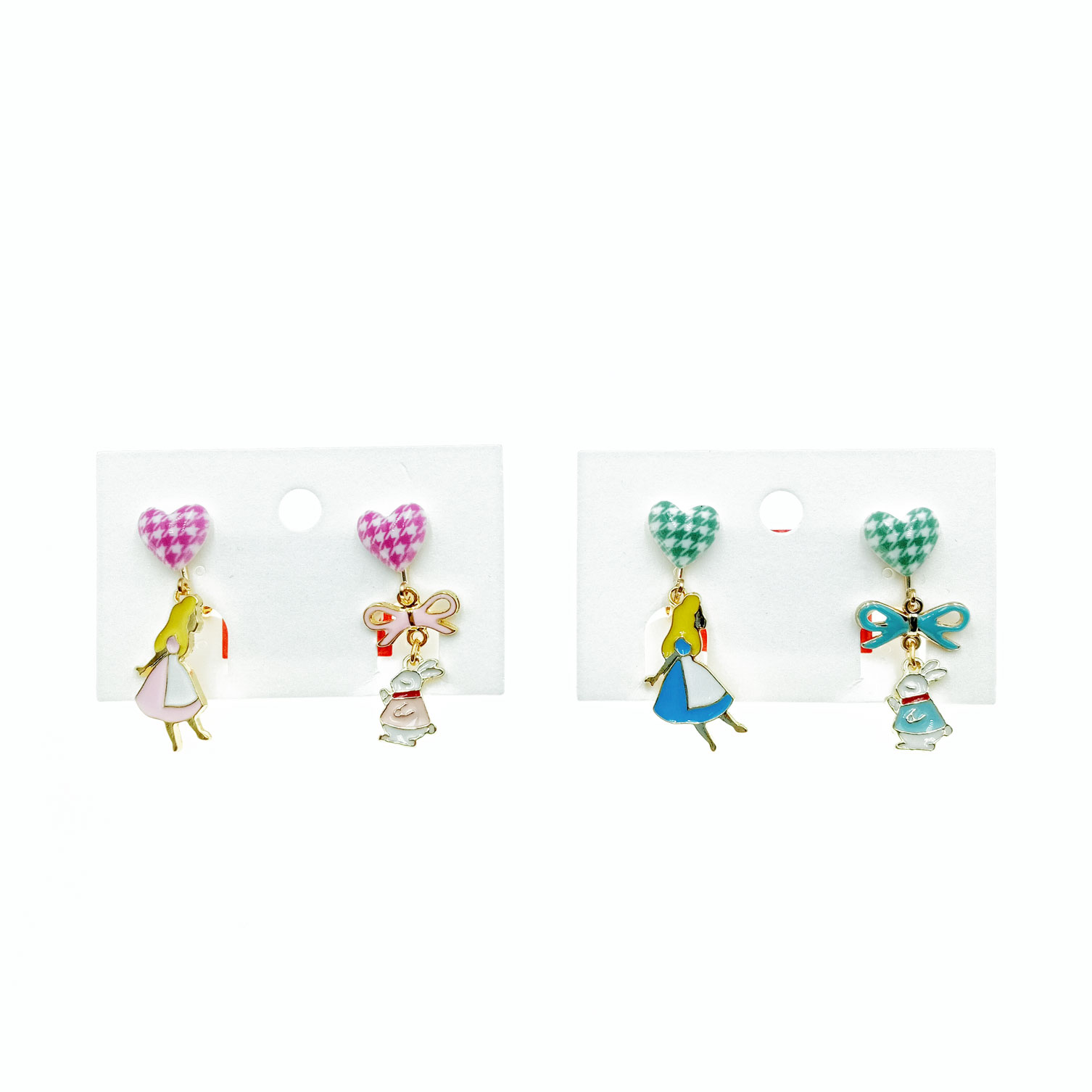 韓國 兩色 愛麗絲 童話 愛心 格紋 造型 設計 耳夾
