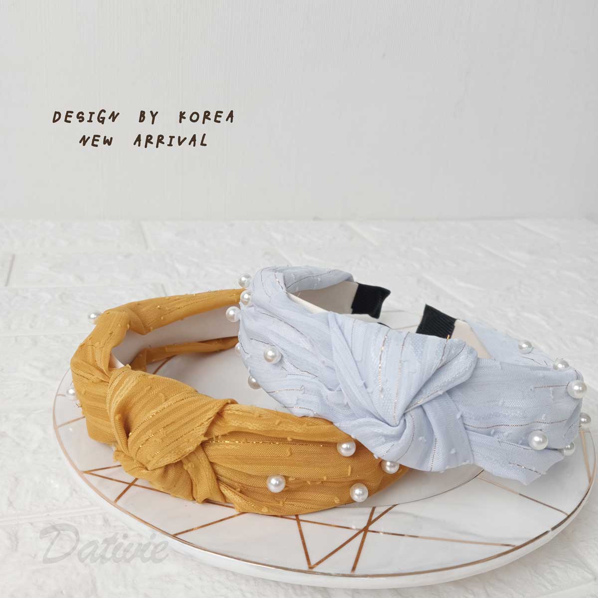 韓風 珍珠 扭結 紡紗 兩色 髮箍