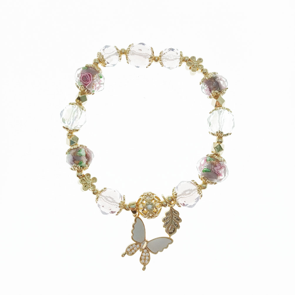 韓國 琉璃珠 鑲鑽 玫瑰 蝴蝶 造型 手鍊