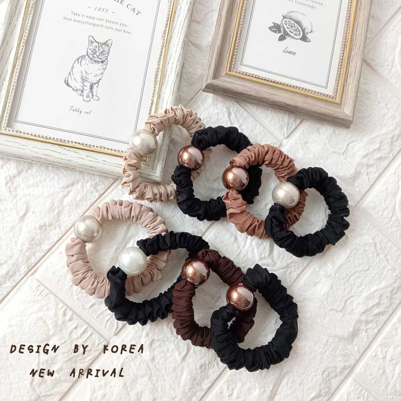 韓版 大珍珠 緞面 混色 兩入 髮圈