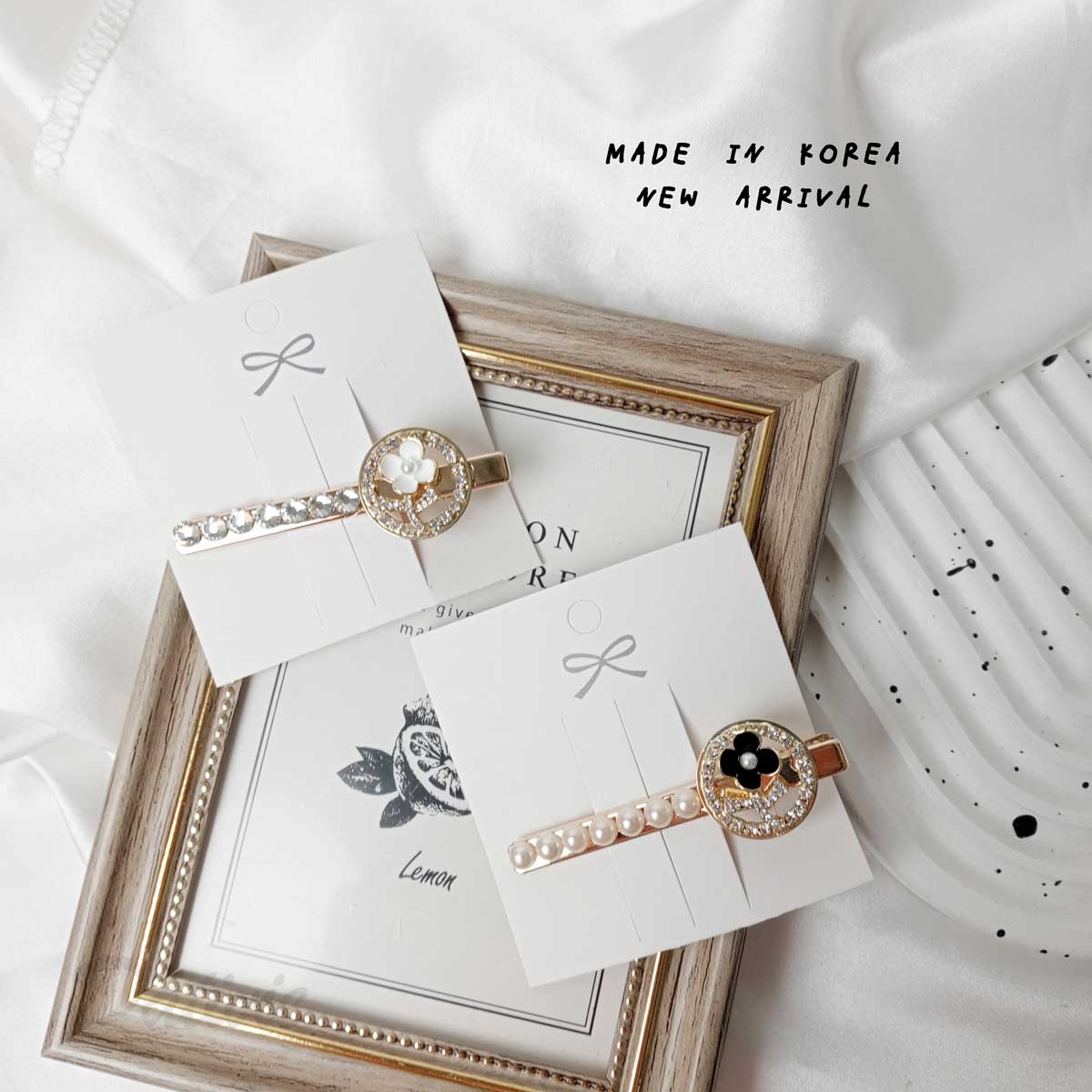 鑲鑽 珍珠 小花 造型 金邊 質感 兩色 壓夾