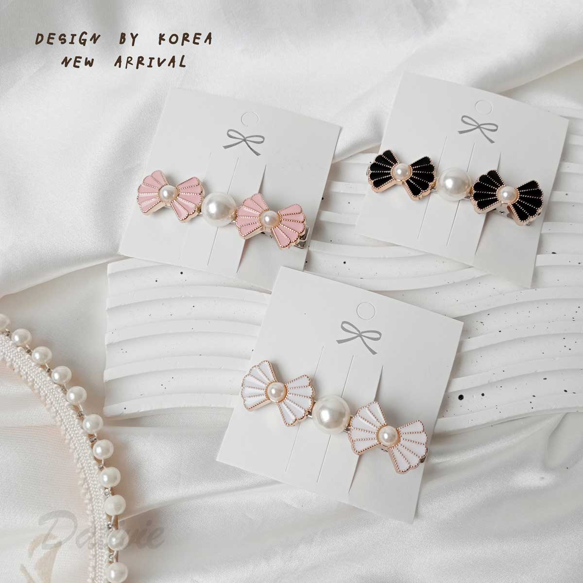 質感 珍珠 蝴蝶結 造型 三色 壓夾