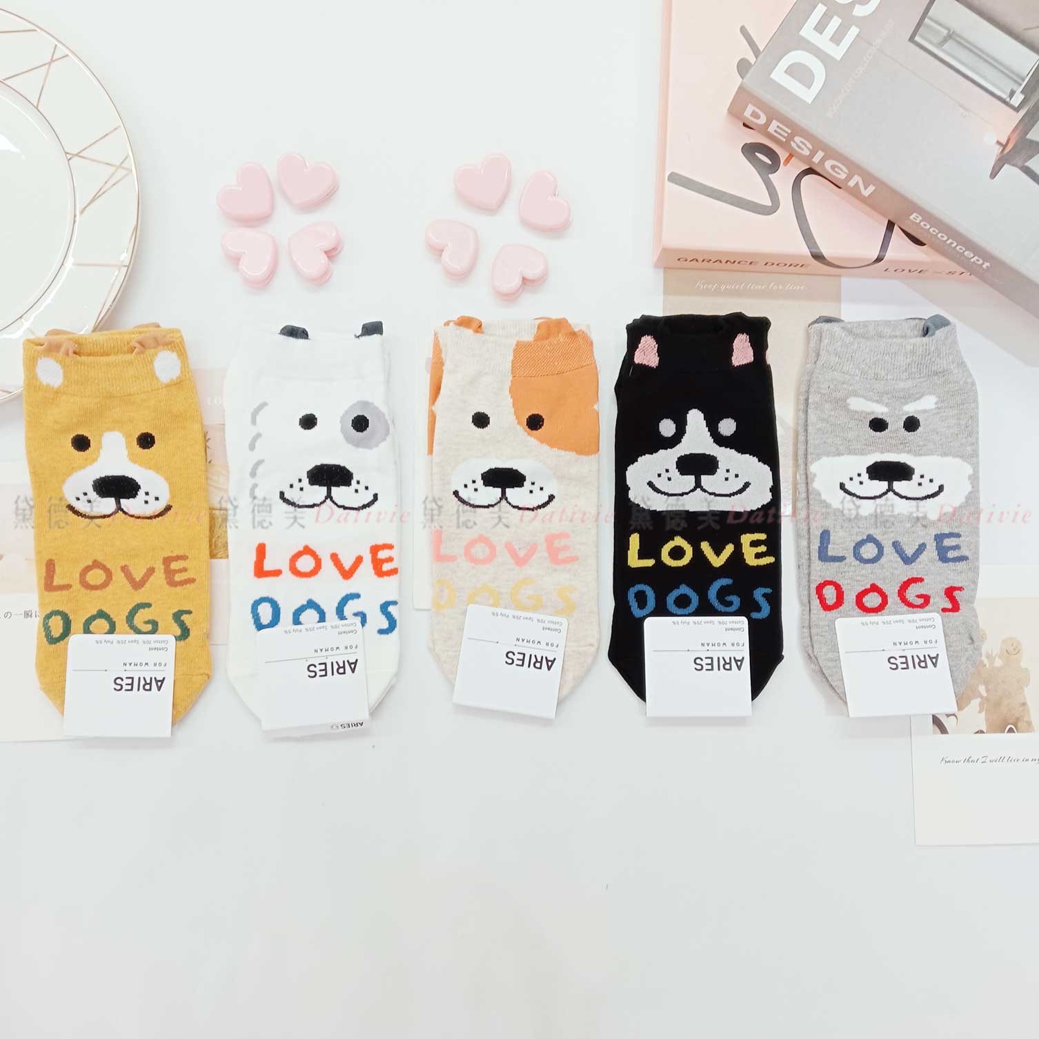 韓國襪 動物 小狗 LOVE DOGS 五色 二分之一襪