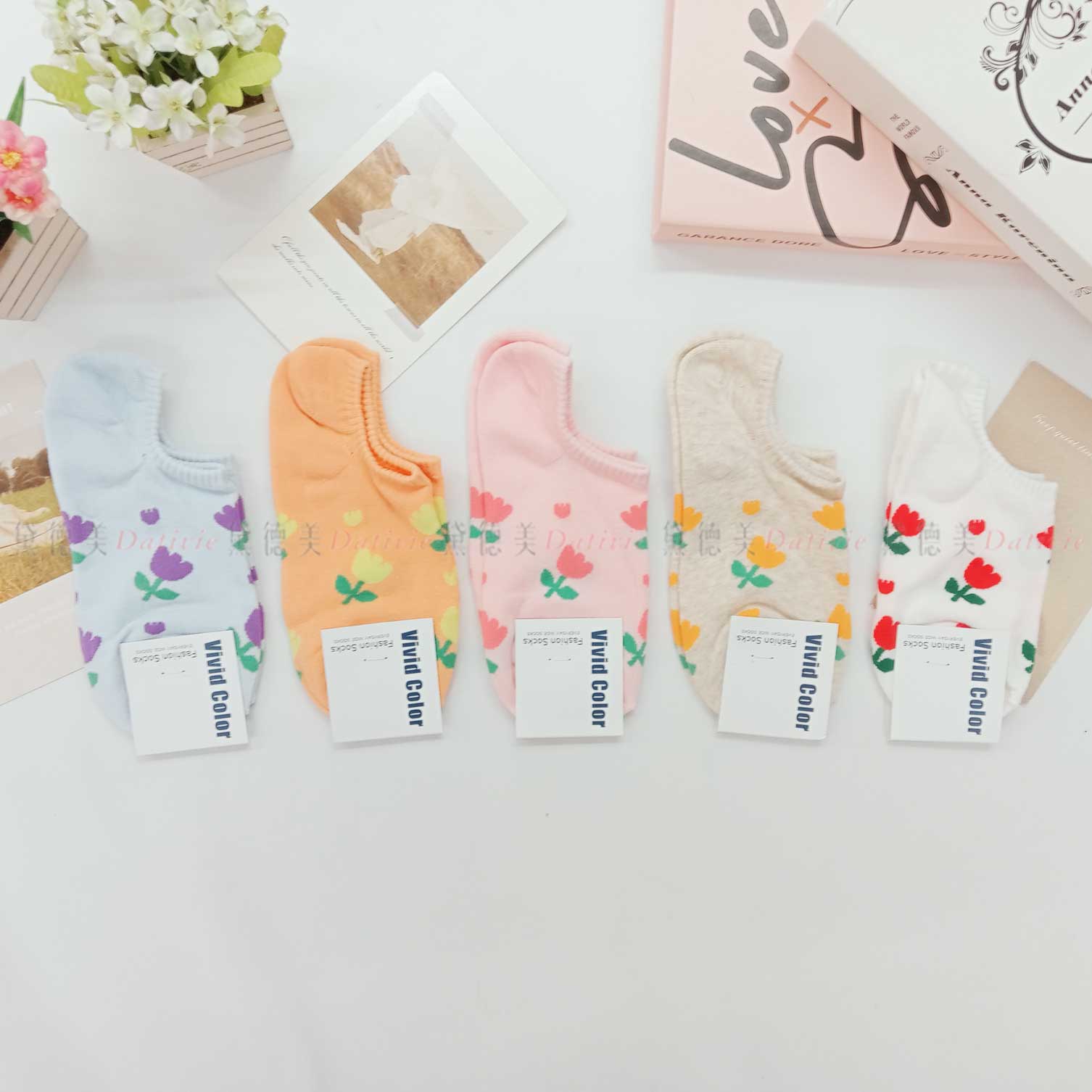 韓國襪 花朵 鬱金香 五色 踝襪