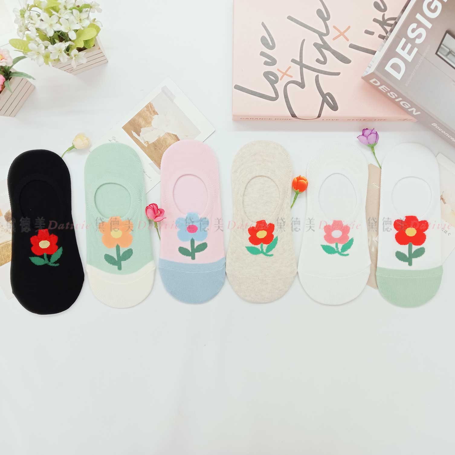 韓國襪 花朵 拼色 六色 踝襪