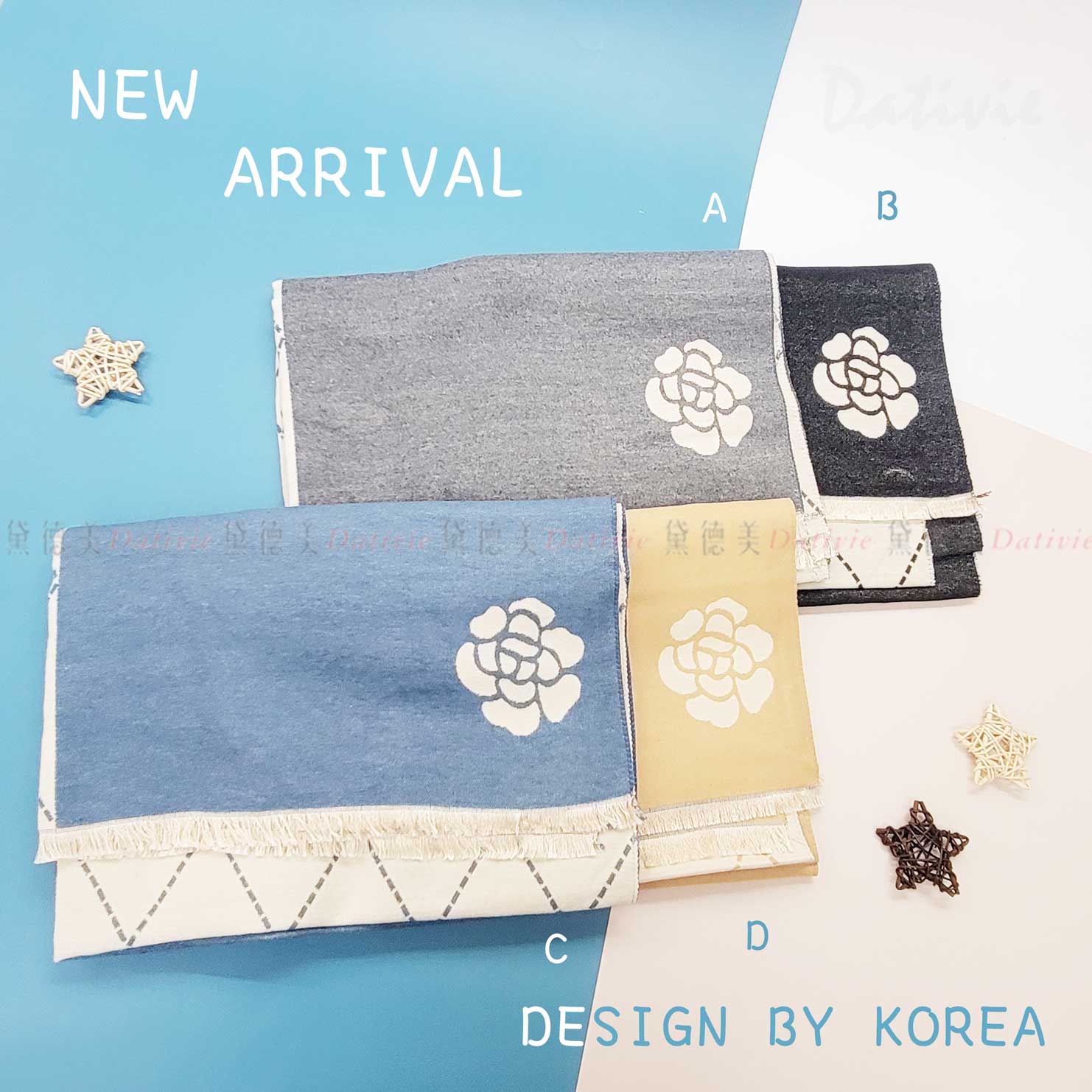 韓國 花朵 菱格 拼色 雙面 四色 圍巾