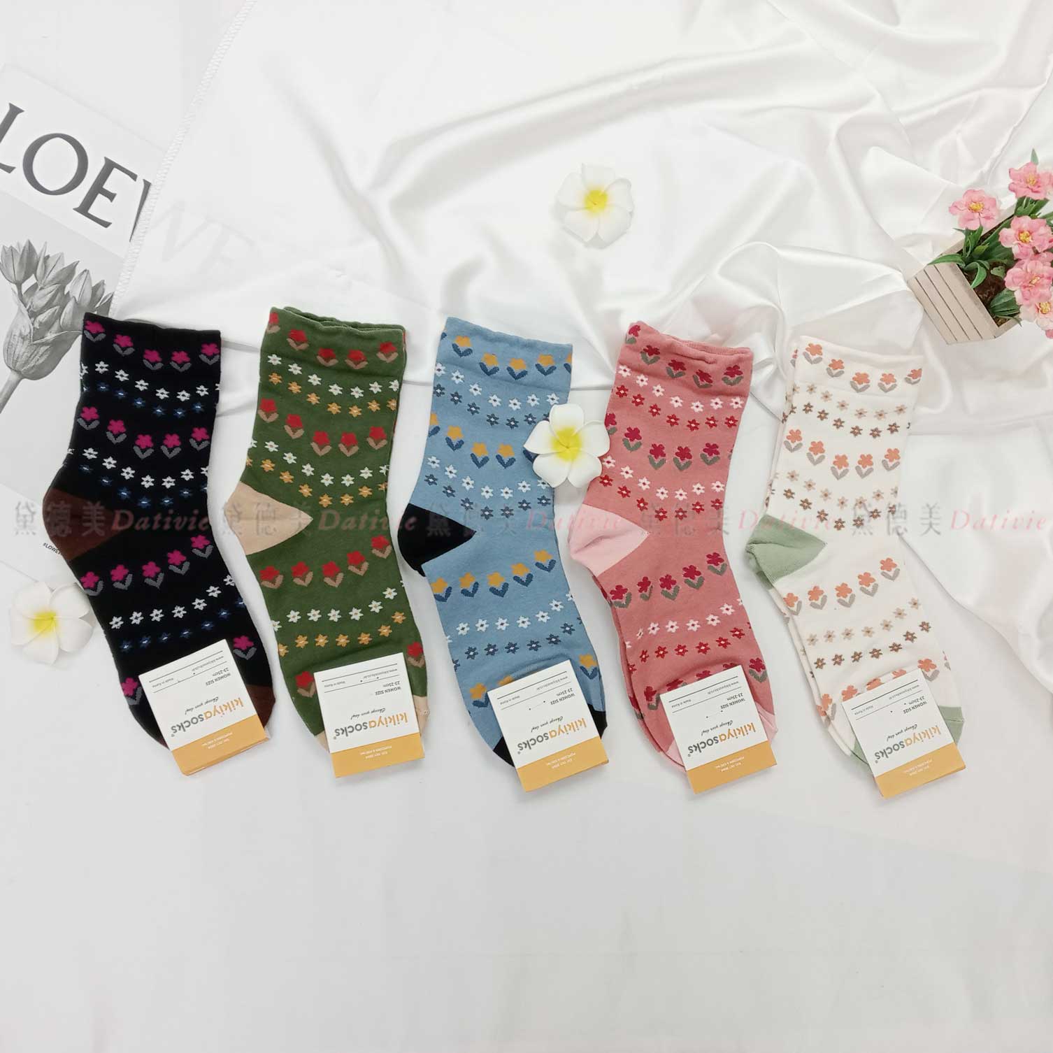 韓國襪 花朵 可愛 五色 中統襪